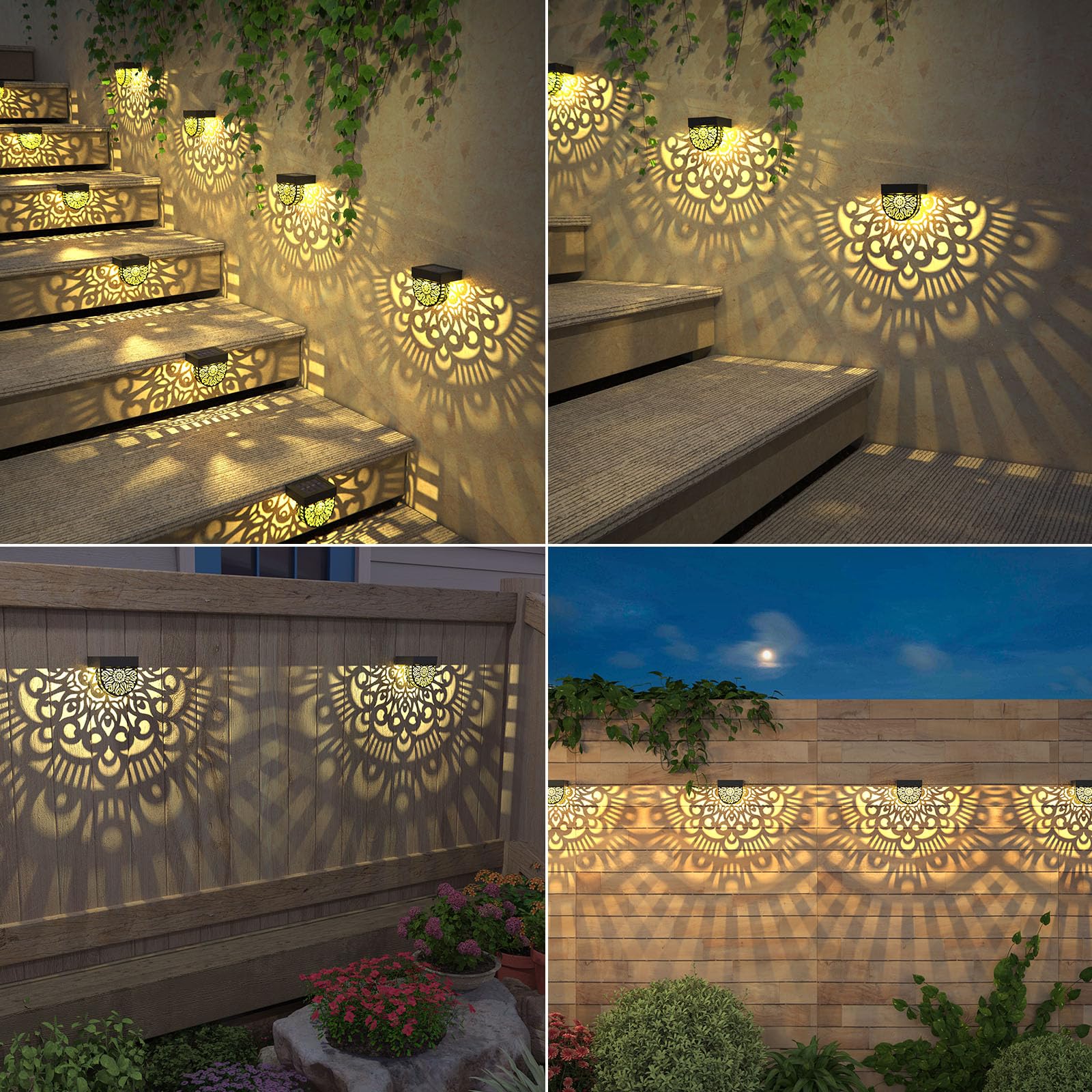 EKQ 6 Pack Solar Fence Lights Solar Outdoor Wall Lights Plastic Solar Powered Deck Step Stair Lights Moon Theme Waterproof Fence Solar Light for Garden Post Patio Backyard Yard Decor (Black, 6 Pack)