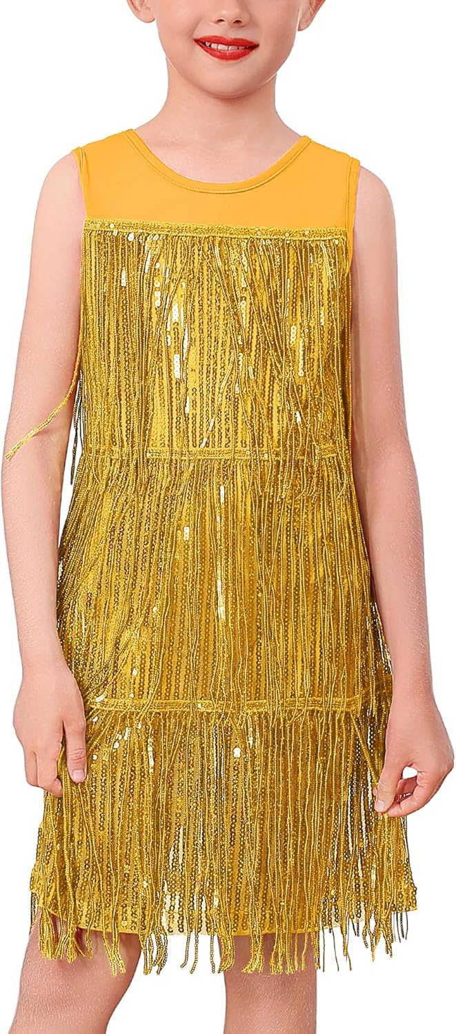 ODASDO Girls Latin Dance Dress Tassel Fringe Sparkly Sequin Sleeveless Short Ballroom Dresses Jazz Cha Cha Salsa Dancewear