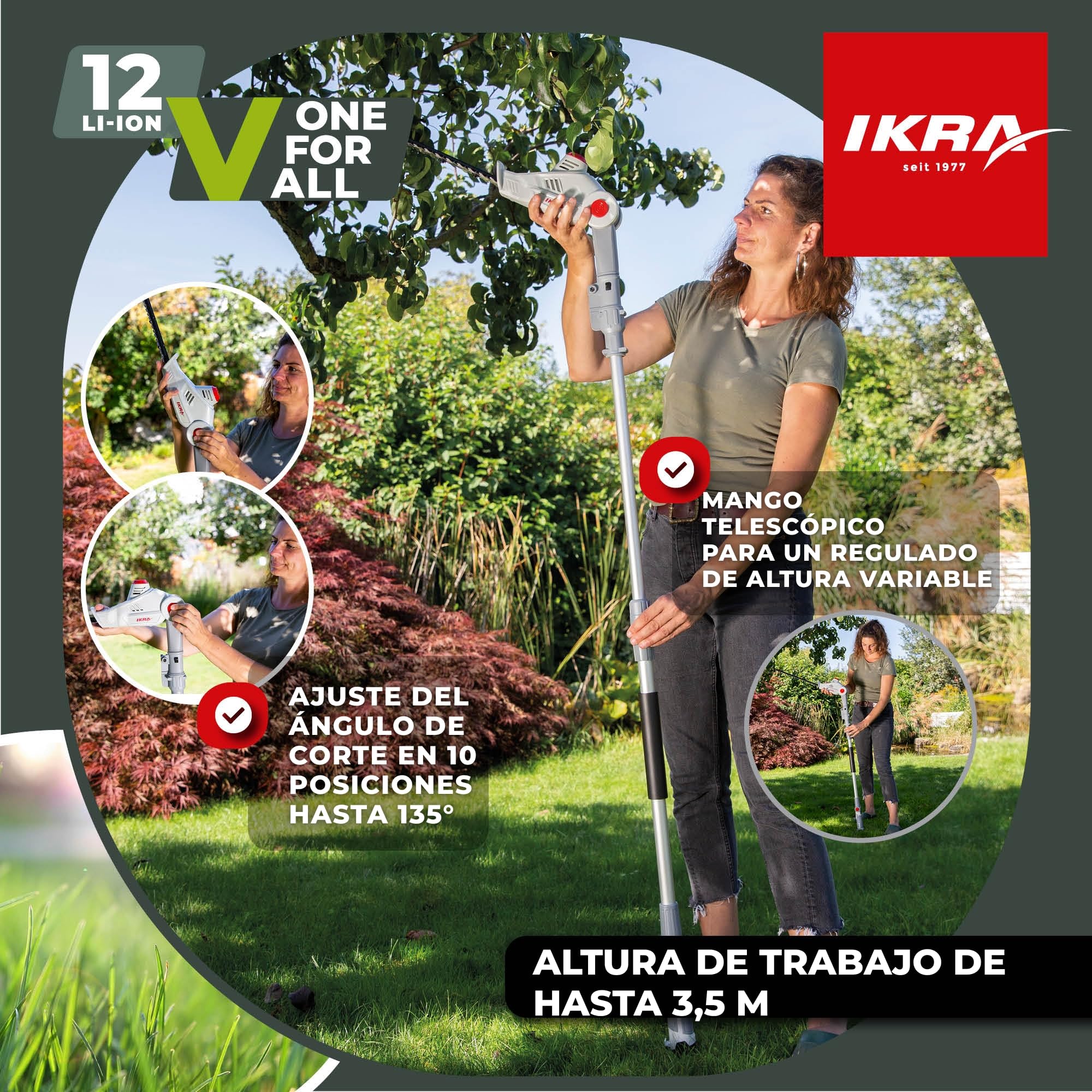 IKRA Cortasetos telescópico IATHS 1241, con batería, Cargador y Gafas | Telescópico 1,80 m - 2,35 m, longitud de corte 41 cm, ajuste del ángulo de corte hasta 135°, gama de baterías de 12 V de IKRA