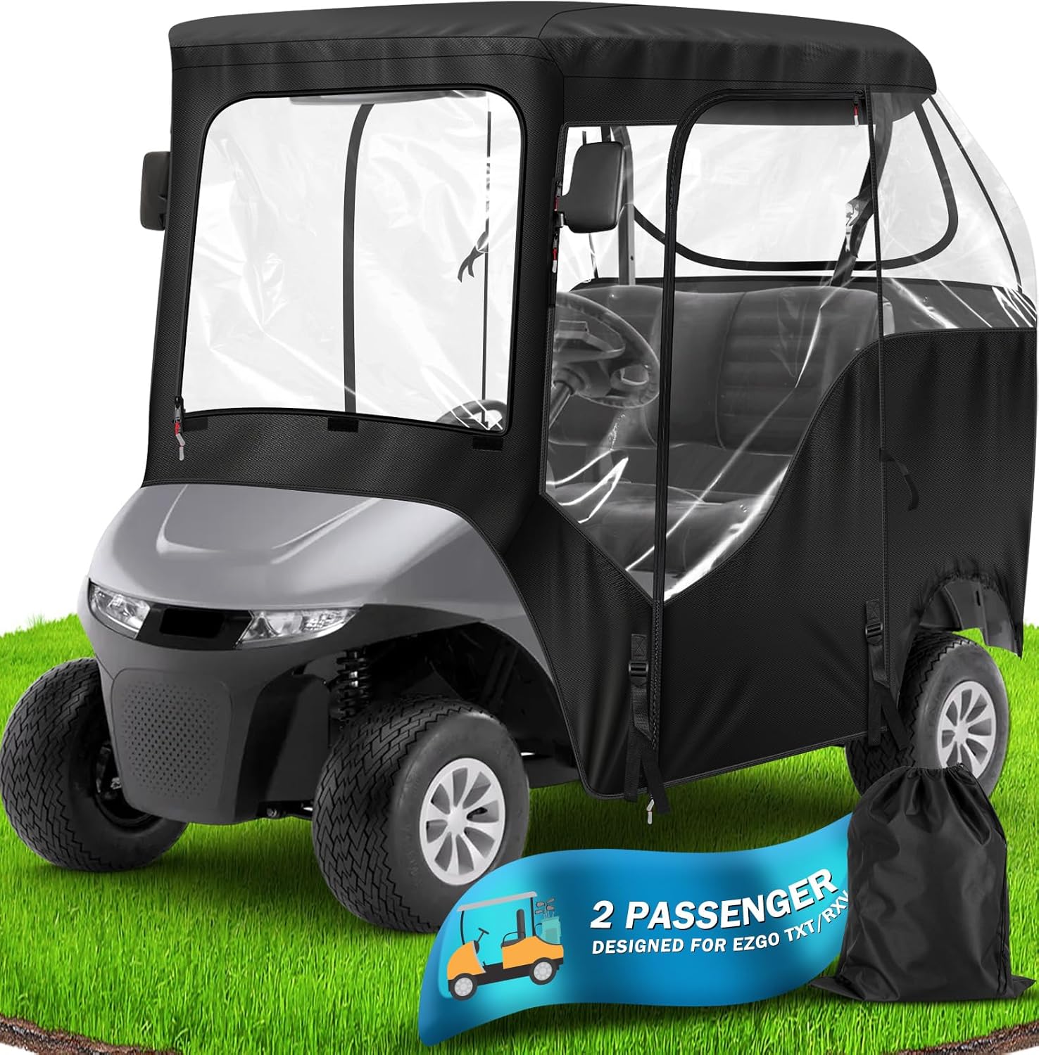 moveland Golf Cart Enclosure, Waterproof 600D Polyester w/Clear PVC Windshield, Compatible with EZGO Golf Carts (Fits 2 & 6 Passenger Models)