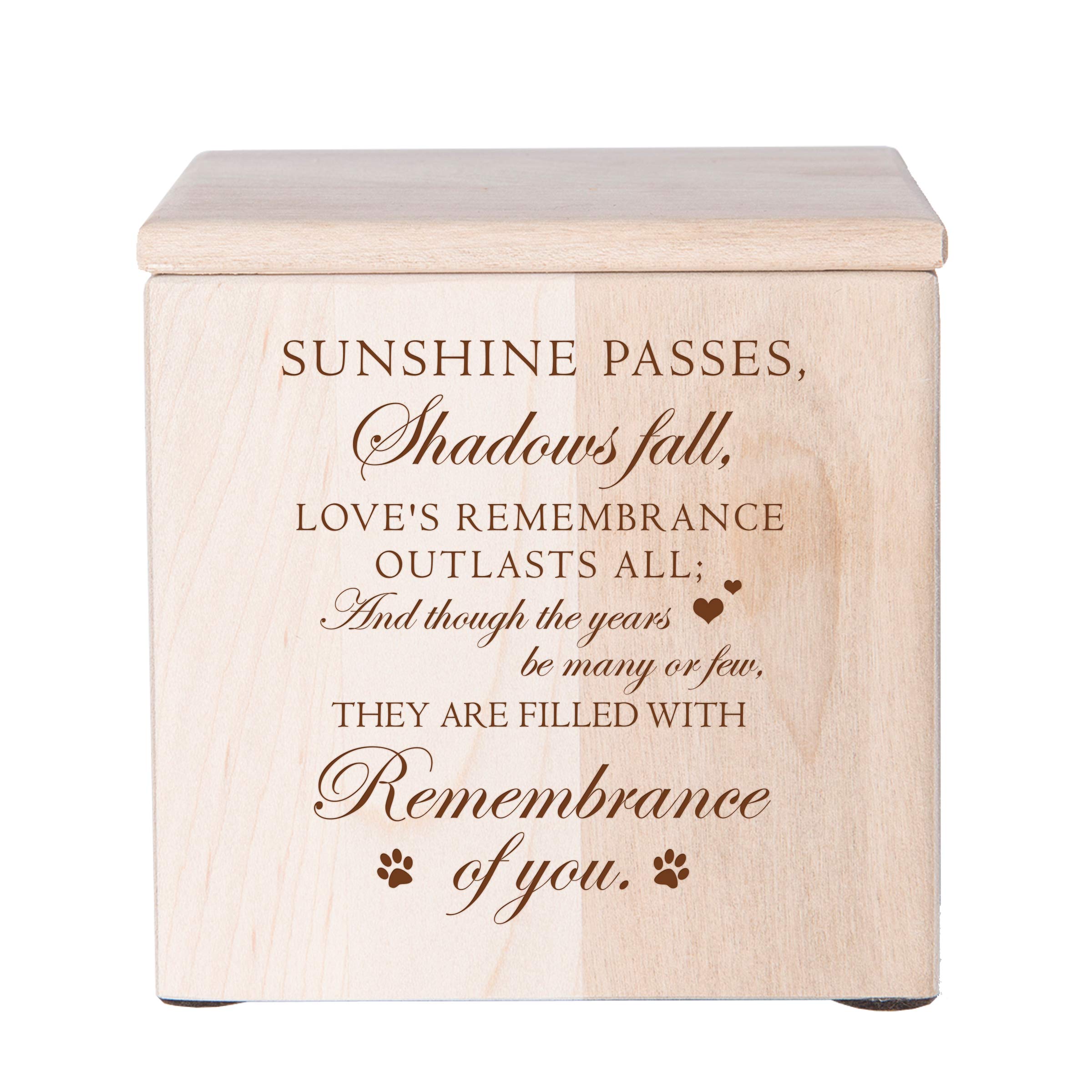 Lifesong Milestones Custom Wooden Cremation Urn Box for Dog, Cat,Pet Ashes Loss Of Pet Sunshine Passes Shadows Fall 3.5 x 3.5 x 3.75 Small Memorial Keepsake Box holds 18 cu.in