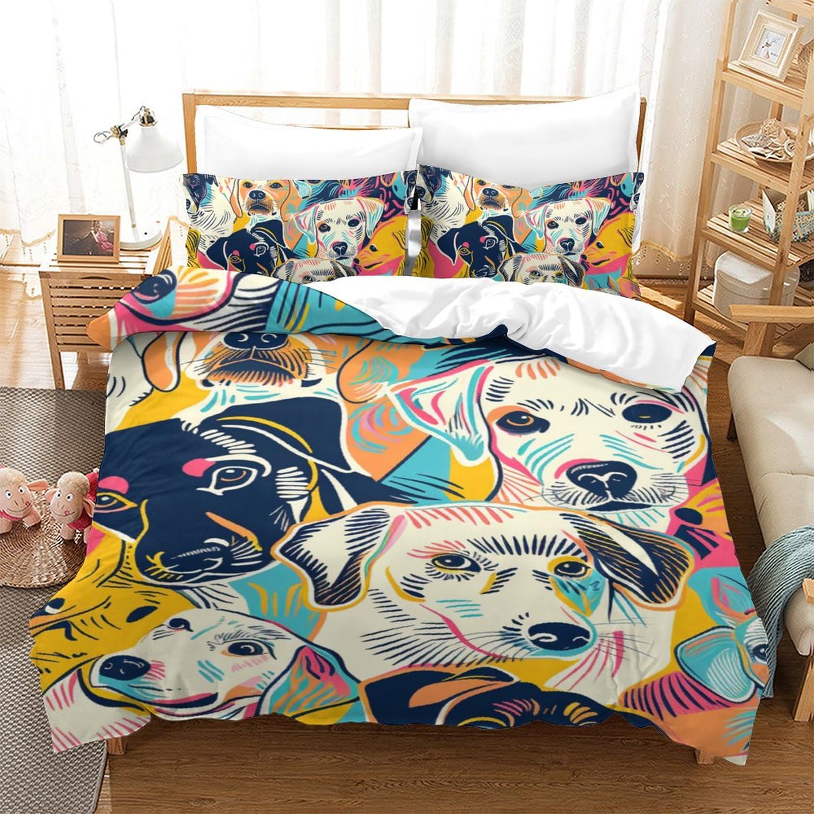 RVZADEERD Dog Duvet Cover Sets 3 PCS Hotel Quality Quilt Cover Bedding Bed Covers with Pillowcases with Zipper Closure Ultra Soft Anti Allergic Microfiber Single（140x200cm）