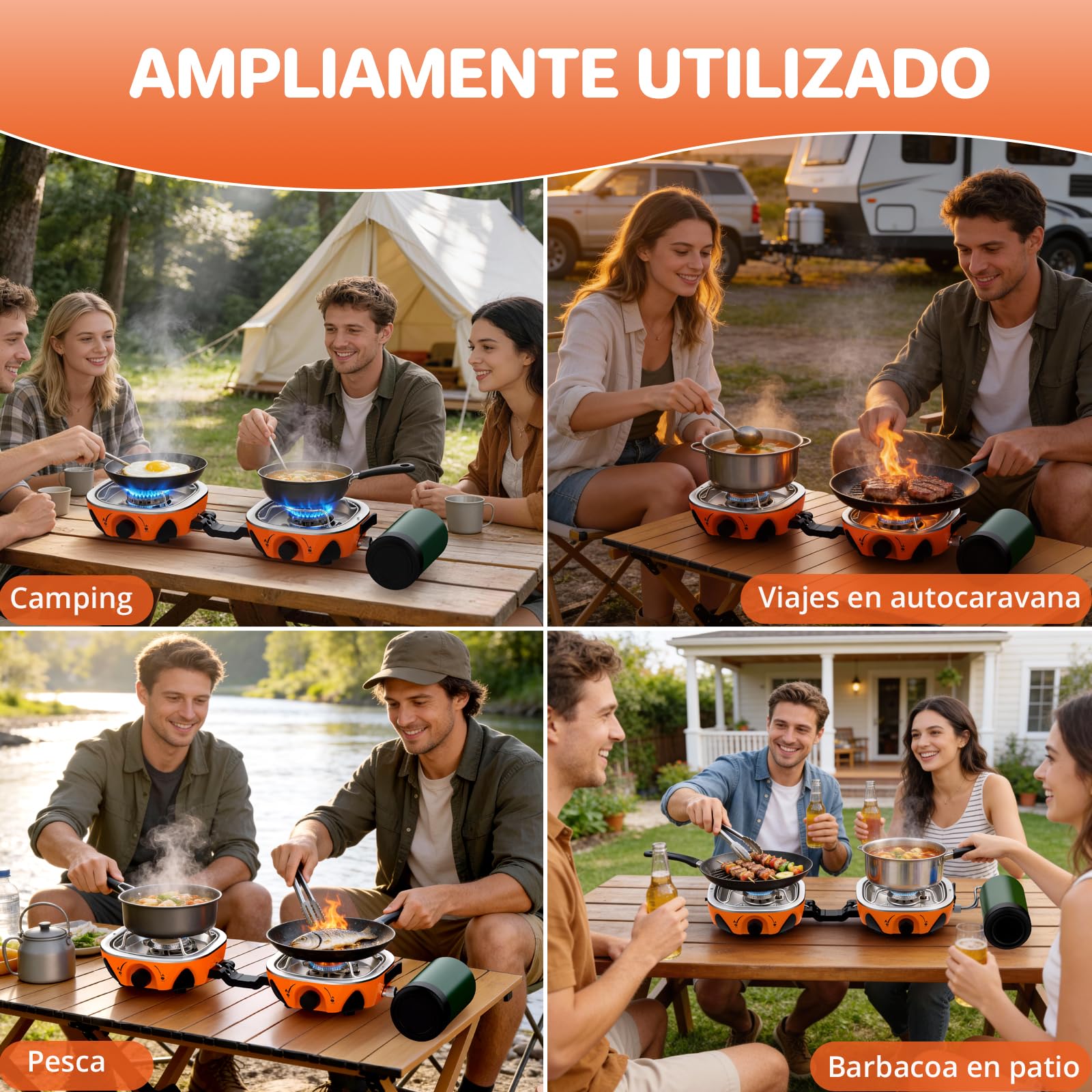 FUNYKICH Cocina de Camping Plegable de 2 Quemadores con Bolsa de Transporte, 2x 3kW Camping Gas Portátil con Manguera Reguladora, Construcción Robusta para Camping,Picnic,Jardín,Barbacoa