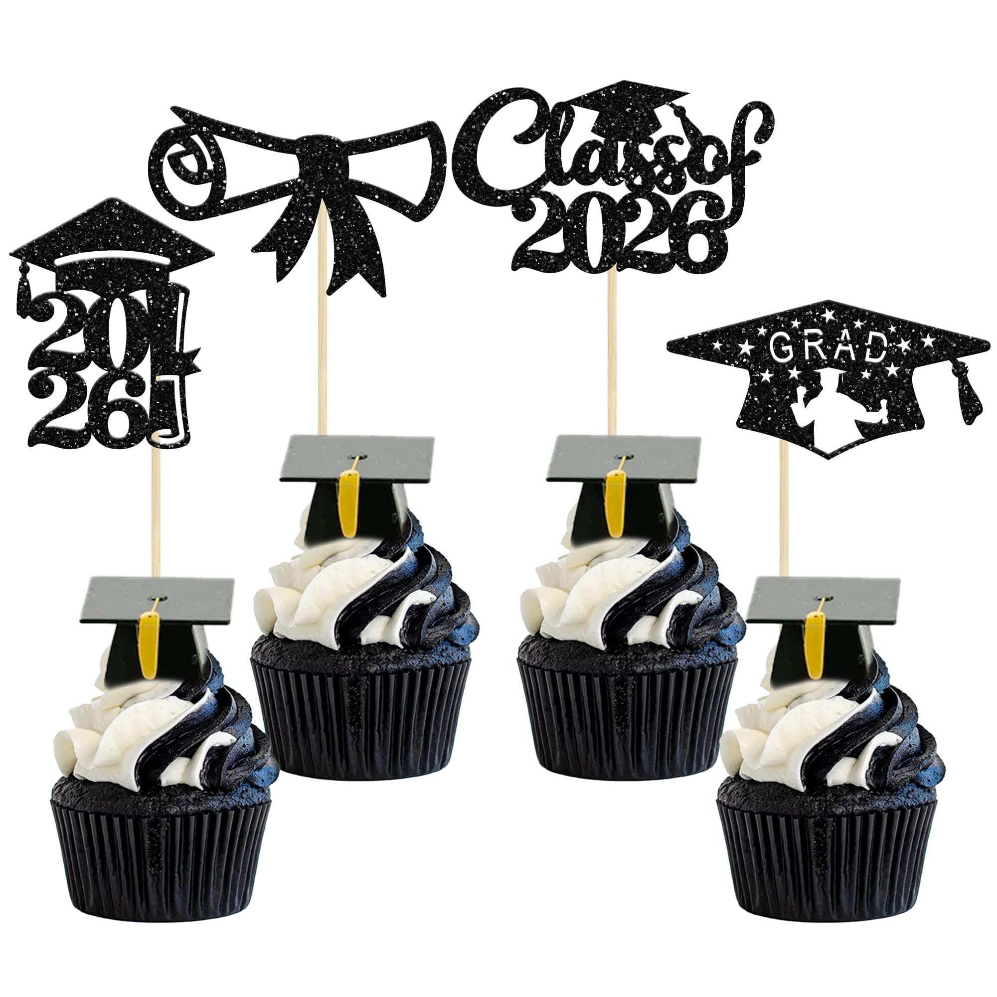 Gyufise 24Pcs Black Glitter 2026 Graduation Theme Cupcake Toppers Glitter Class of 2026 Diploma Grad Cap Cupcake Picks for 2026 Graduation Theme Party Cake Decorations Supplies — image 1
