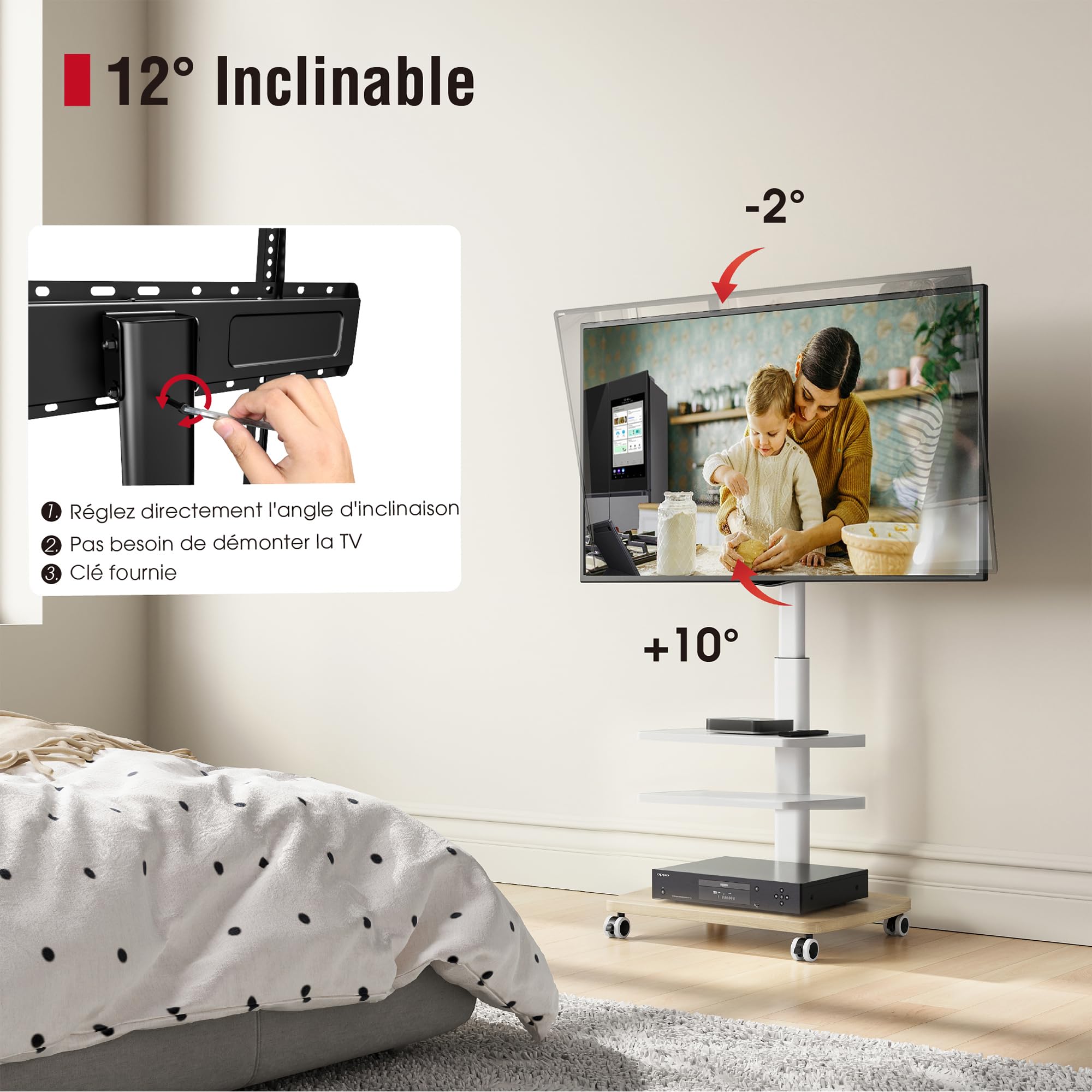 AOKCOS Support TV roulettes pour TV de 32-65 Pouces - Support TV sur Pied Plus Haut 1240 MM-1420 MM Pivotant 60° Inclinaison 12° jusqu'à 40 KG Max. VESA 400x400mm