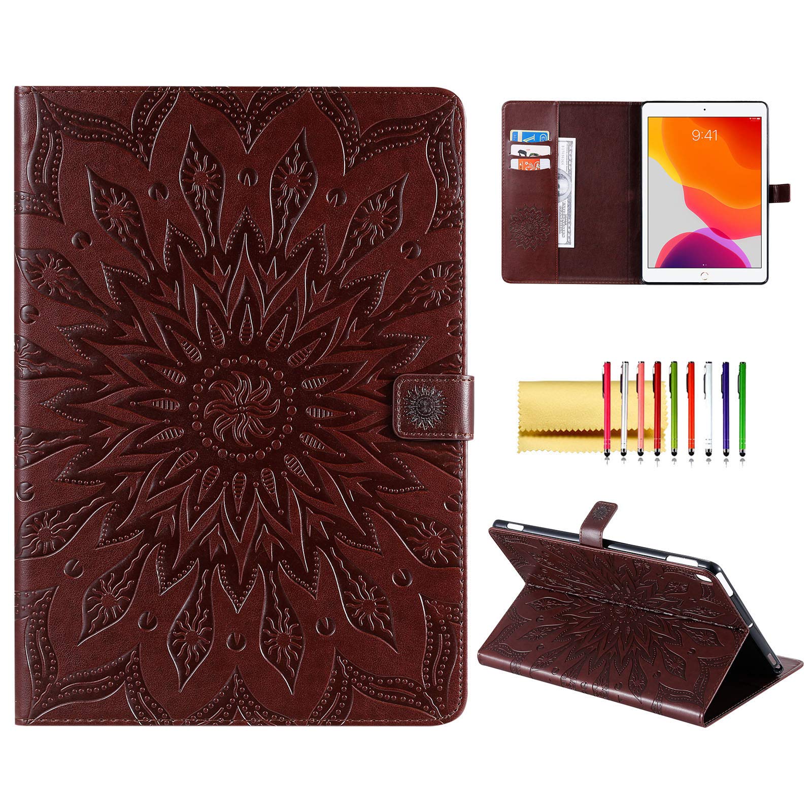 Folio Case for New iPad 9th Generation, iPad 7th/8th Gen Case, Techcircle Sunflower Embossed PU Leather Stand Smart Protective Wallet Cover with Card