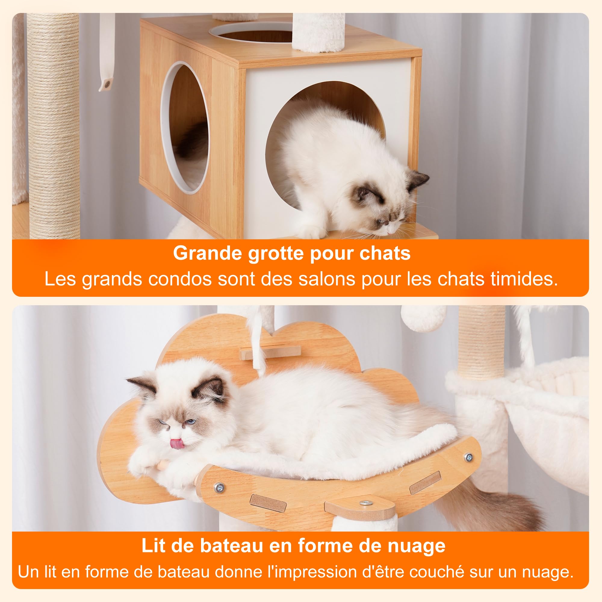 Heybly Arbre à Chat Moderne, Arbre à Chat en Bois avec 5 Griffoirs, Planche à Griffer, Panier, Tour de Jeu 156 cm, Niche, Plateforme, Hamac, 3 Pompons, Tapis Lavables, Noyer HCT120WB