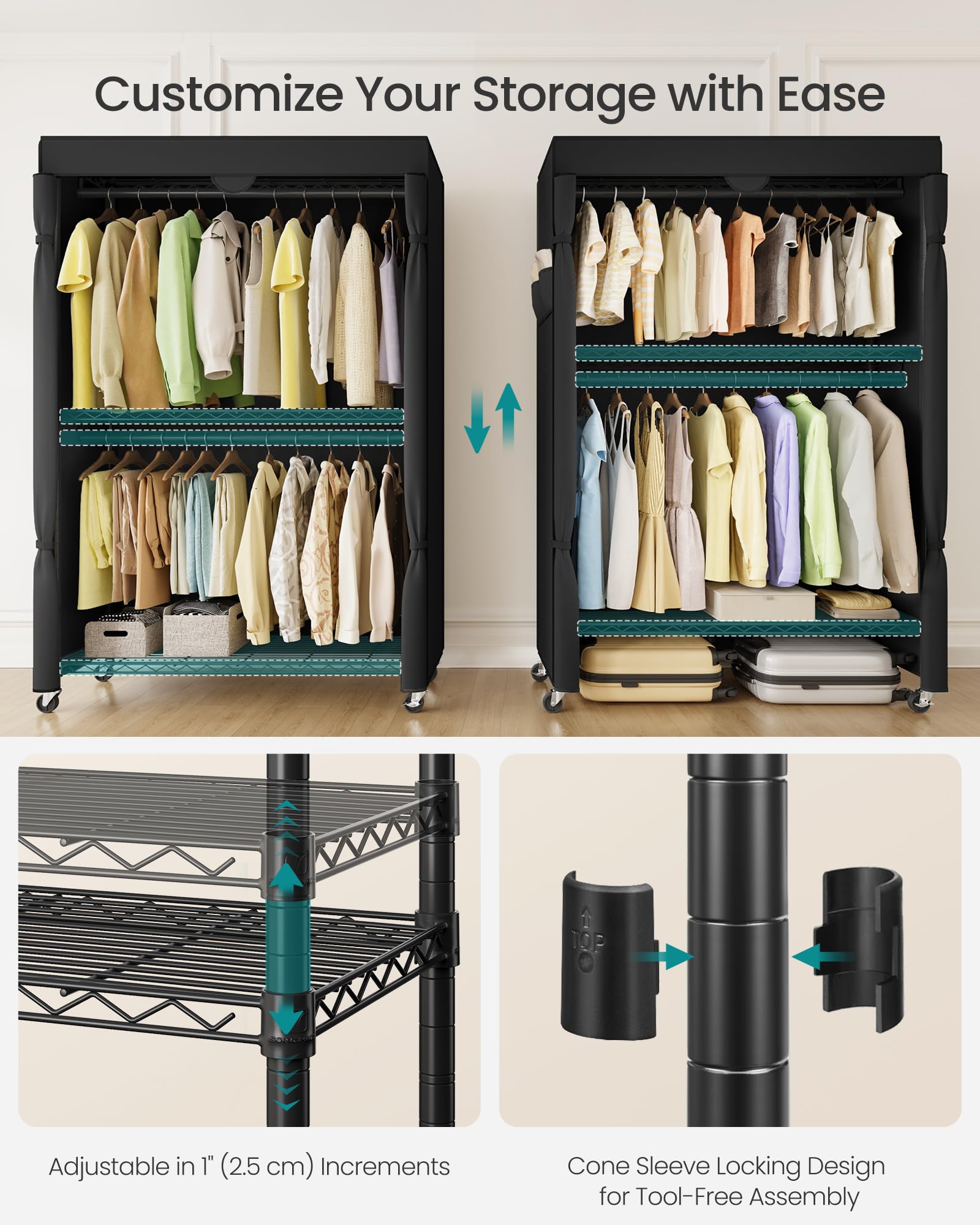 SONGMICS Armadio portatile, appendiabiti resistente, appendiabiti largo 100 cm su ruote, con ripiani in rete regolabili e aste appendiabiti, copertura in tessuto, nero inchiostro ULGR415B01