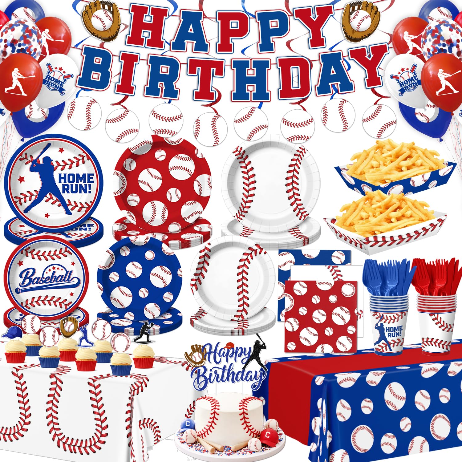 210 Pcs Baseball Party Paper Plates Tableware Set (Serves 24), Baseball Birthday Party Decorations Include Banner Plates Napkins Cups Forks Knifes Tablecloth Topper Balloons Food Trays For Party