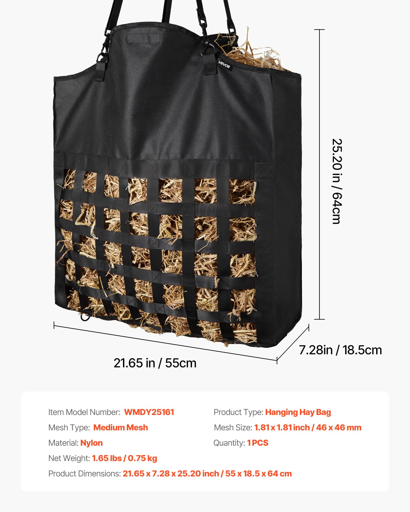 VEVOR Bolsa de Heno para Caballos, 55 x 18,5 x 64 cm, Agujeros 46 x 46 mm, Fabricada en Nailon, con Revestimiento Impermeable de PVC, Correas de Suspensión Ajustables y Ganchos Metálicos, Negro