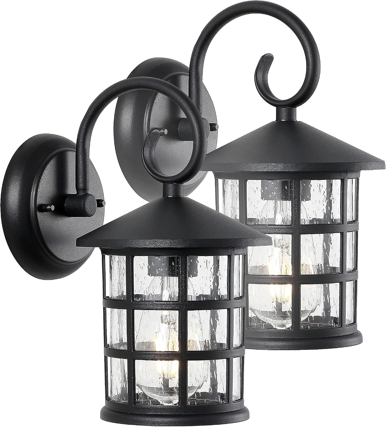 JONATHAN Y 6" Black 1-Light Iron and Seeded Glass Outdoor Sconce, Cadiz Cottage Rustic Scrolled Lantern for Porch Patio, Farmhouse Wall Light, LED Bulbs Included, Set of 2 JYL7609A-SET2