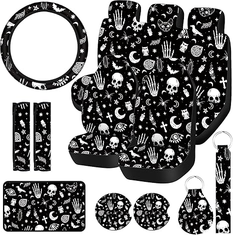 15 Pieces Moon and Stars Car Seat Cover Full Set for Women Men Upgrade Thick Car Front Seat Covers Universal Steering Wheel Cover Separate Headrest Cover Seat Belt Pads(Skeleton Cat Pattern)