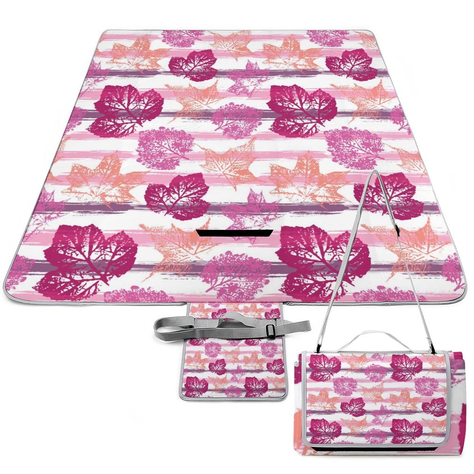 Autumn-Leaves-Pattern Picnic Blanket Waterproof Foldable, Large Outdoor Picnic Blanket Beach Blankets Camping Blanket Travel Mat, Shoulder Strap Tote, Rectangle 58x58in