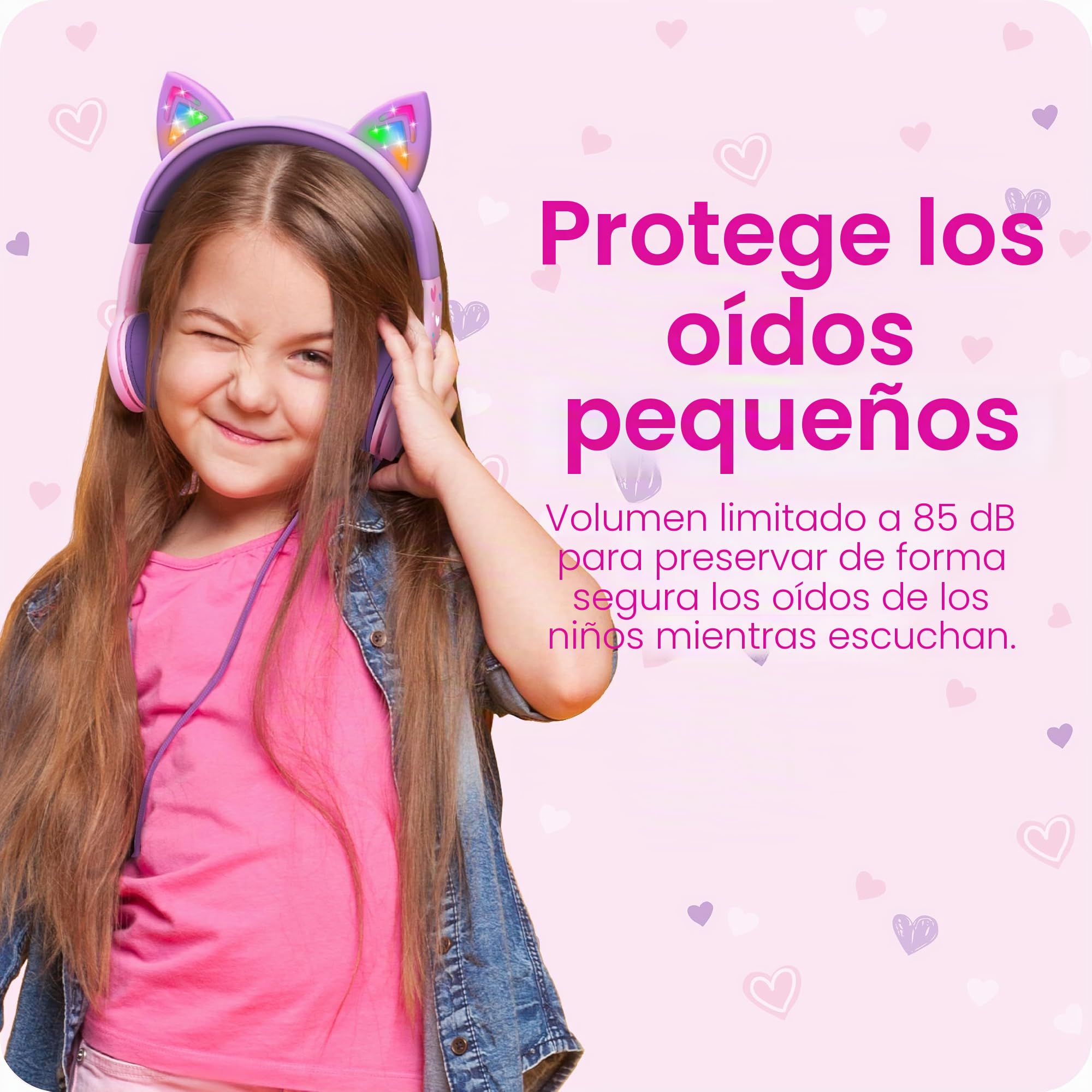 FosPower Auriculares para Niños con Orejas de Gato LED, Límite de Volumen Seguro 85dB, Casco con Cable de 3,5mm Auriculares Infantiles para iPad, Tablet, Escuela, Viaje, Rosa Bebé/Lavanda
