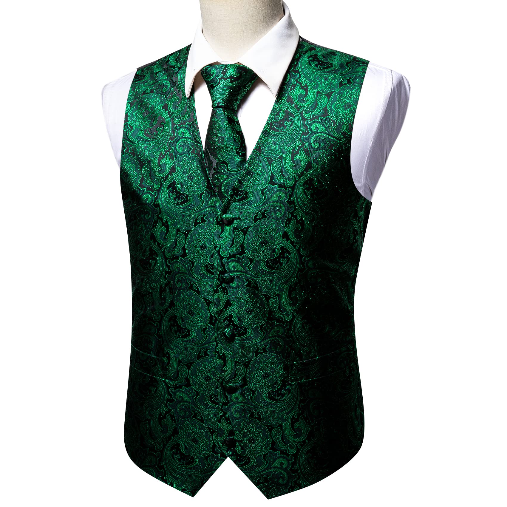 Barry.Wang Gilet da uomo in seta con motivo cachemire, stile formale, per il tempo libero, con scollo a V, gilet e cravatta, set da matrimonio