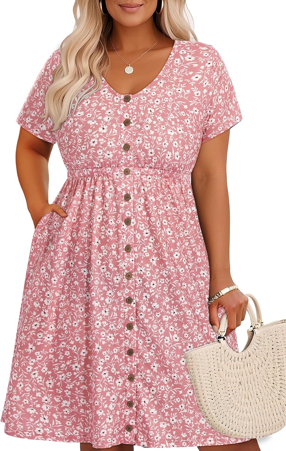 Holipick Women's Plus Size Summer Dresses for Women Casual Dress with Pockets A-Line Swing Button Down Sleeveless V Neck