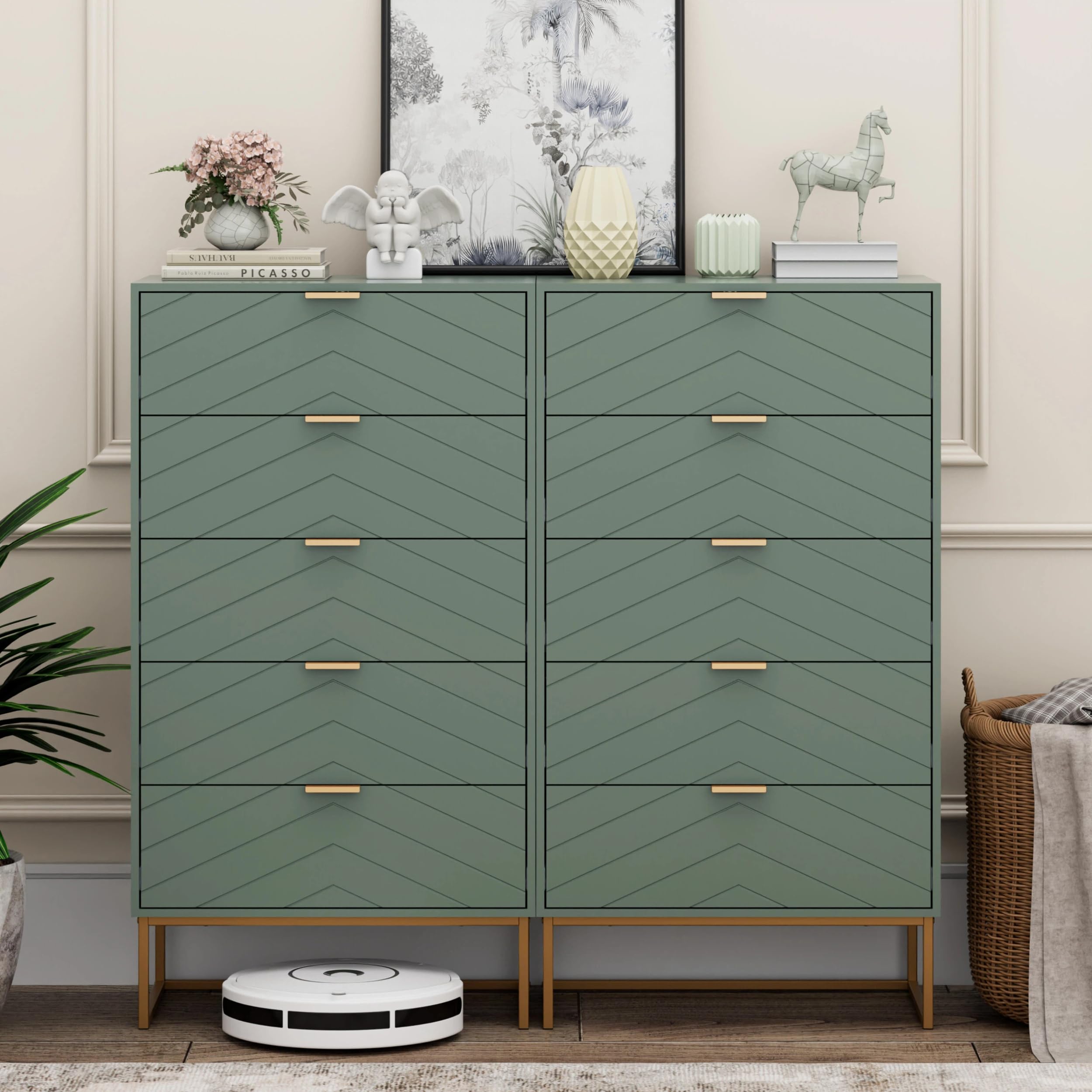 UEV Kommode mit 5 Schubladen Schrank Holz mit Kippsicherung Metallfuß Highboard Sideboard Schmal kommode Beistellschrank für Wohnzimmer Schlafzimmer,Flur 60x34x110cm (grün)