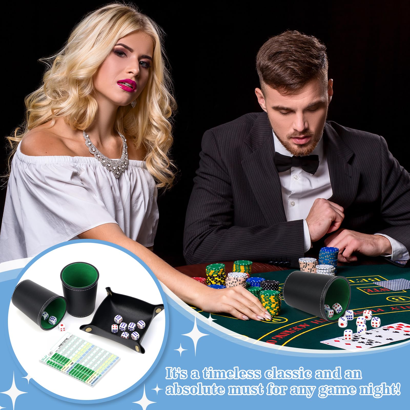 Set di bicchieri in pelle con 10 cubetti, blocco a mano, DIN A6, in pelle, con cubo e taglieri per Yahtzee Liar's Dice Sic BO