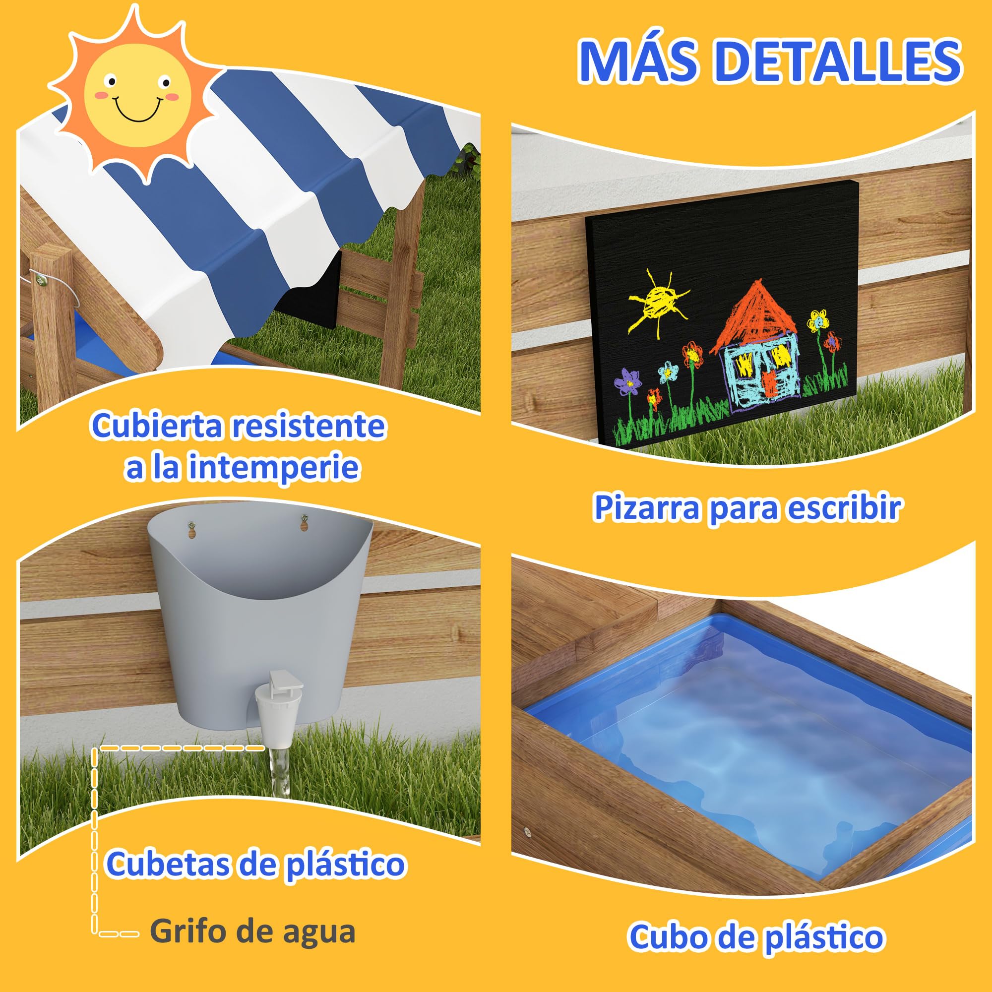 Outsunny Arenero para Niños de Madera, Arenero Infantil en Forma de Casa con 2 Asientos, Toldo, 6 Banderines, 2 Bandejas Extraíbles, Grifo y Pizarra, para Patio, Jardín, 124x116x146 cm, Marrón