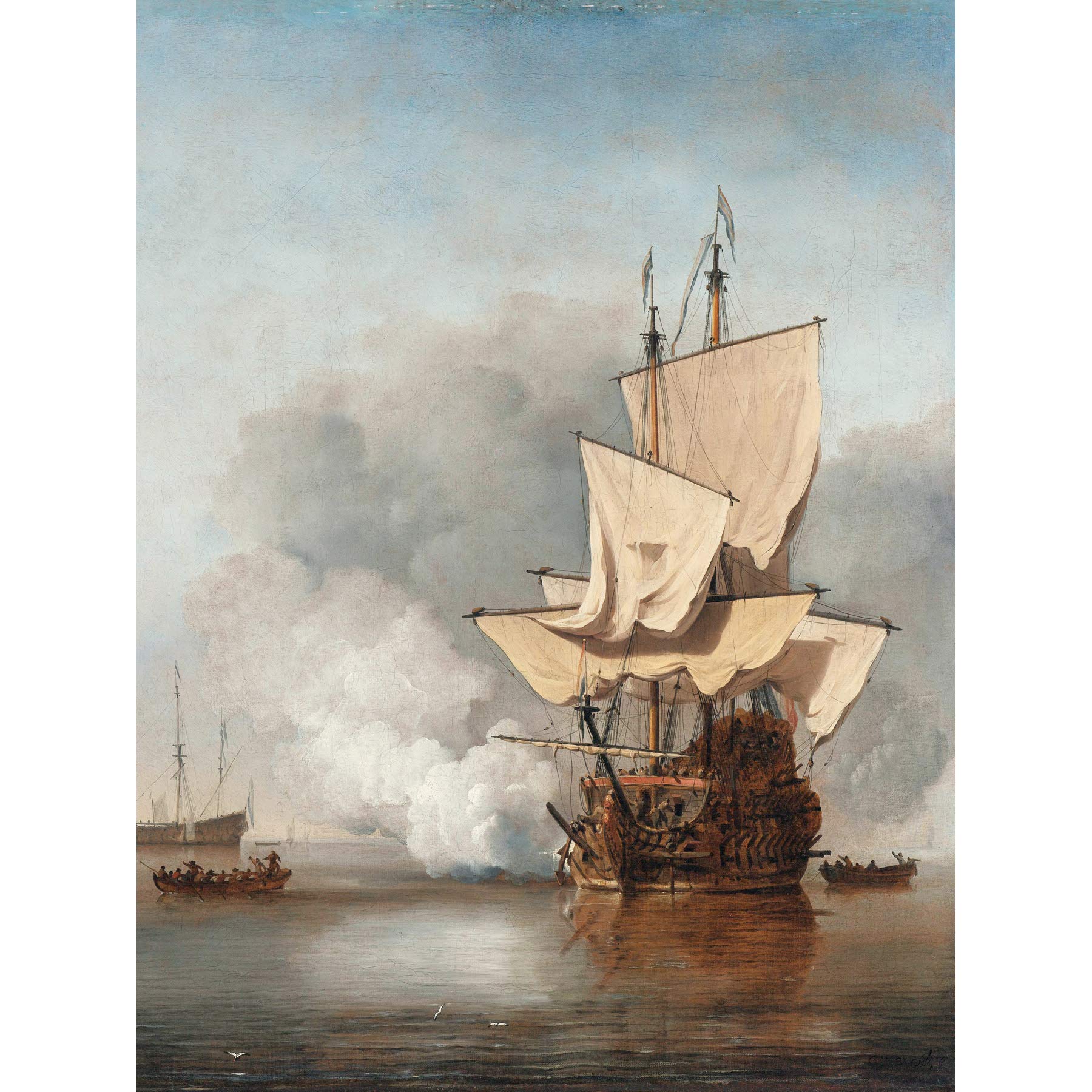 Artery8 The Cannon Shot Battle At Sea Illustration Premium Wall Art Canvas Print 18X24 Inch