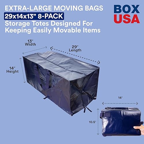 Vista 19 de BOX USA Paquete de 6 bolsas de mudanza azules extragrandes con asas y cremalleras, bolsas de almacenamiento resistentes, embalaje, artículos