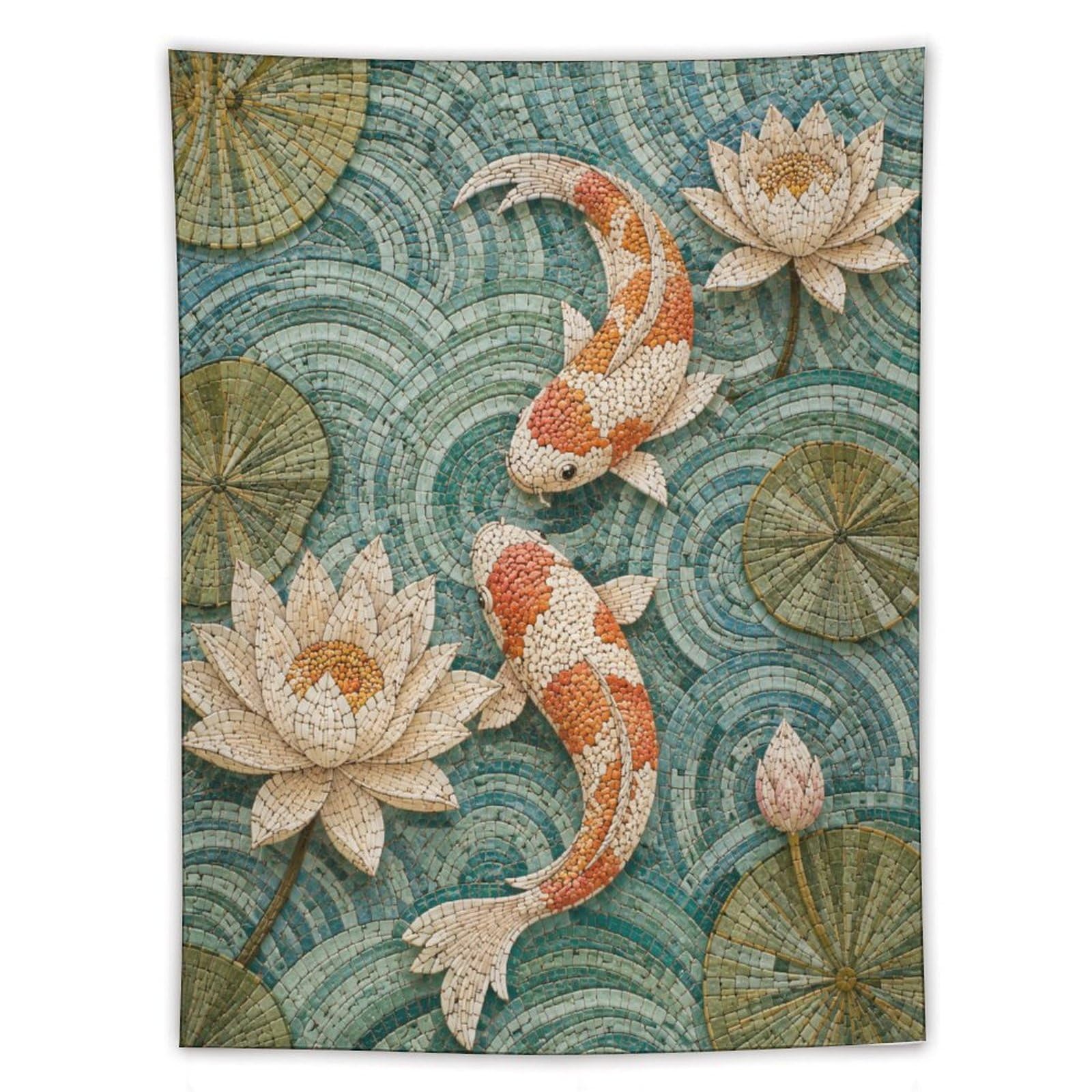 H3B8U2Y5 Koi Fish and Lotus Wall Tapestry, Ukiyo-e, Tranquil Pond