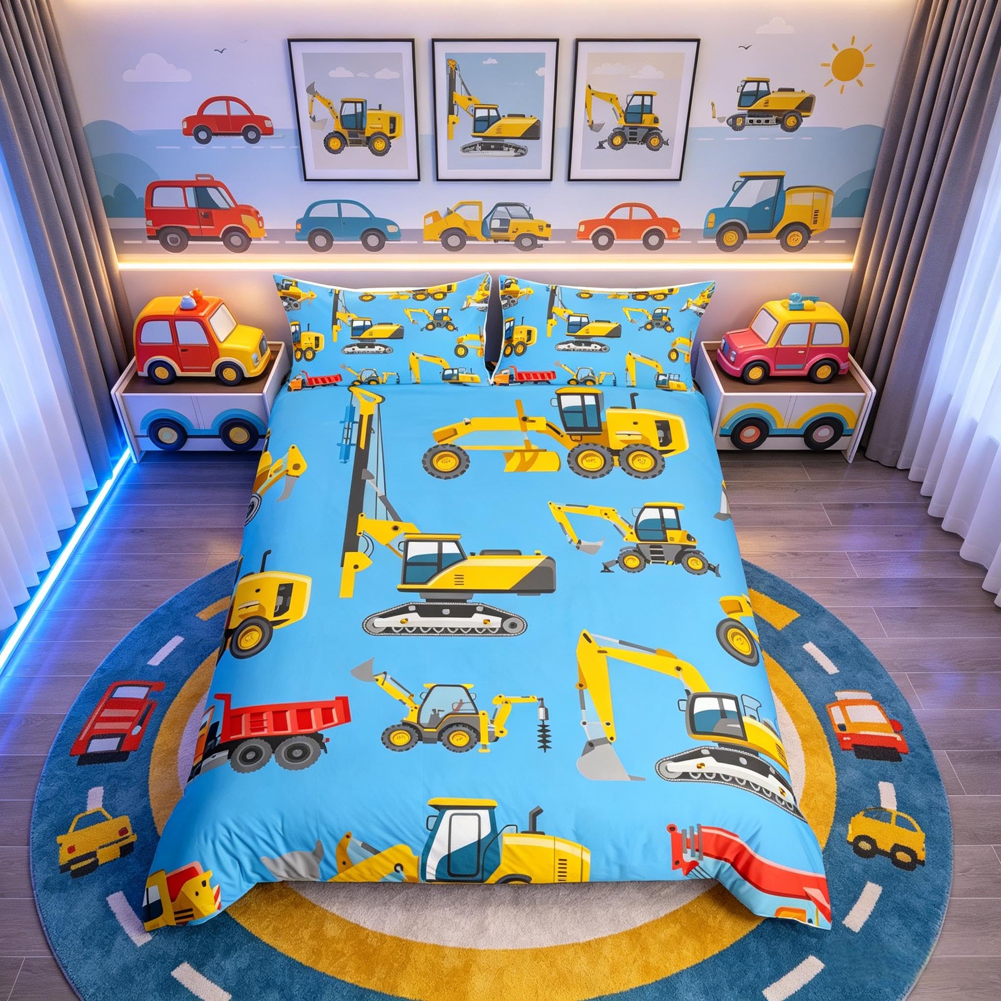 Homemissing Kids Excavator Duvet Cover,Construction Bedding Set Cartoon Tractor Comforter Cover Set for Kids Teenage,Soft Luxury Print Bedding & Linen,Yellow Blue, King Size 3 Pcs — image 1