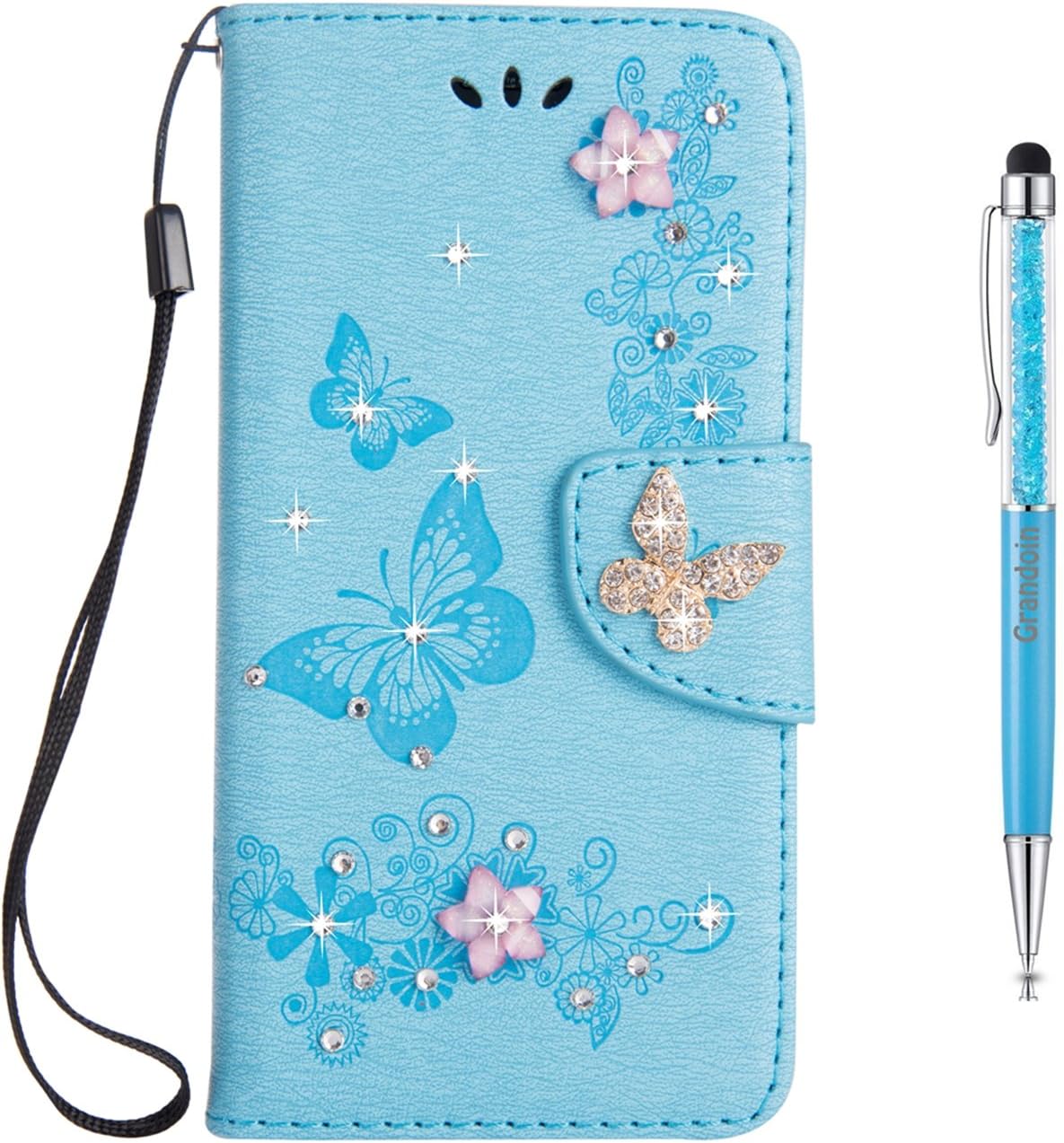 Compatible with Samsung Galaxy S8 Case, Floral Bling Sparkly Diamonds Gems Butterfly Pattern pu Leather Magnetic Flip Cover (Blue)