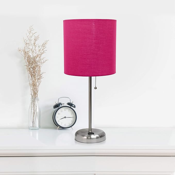 Simple Designs Simple Designs LC2001-PNK-2PK Brushed Steel Stick Table Lamp Set with Charging Outlet and Pink Fabric Shades, 2 Pack Set photo 2