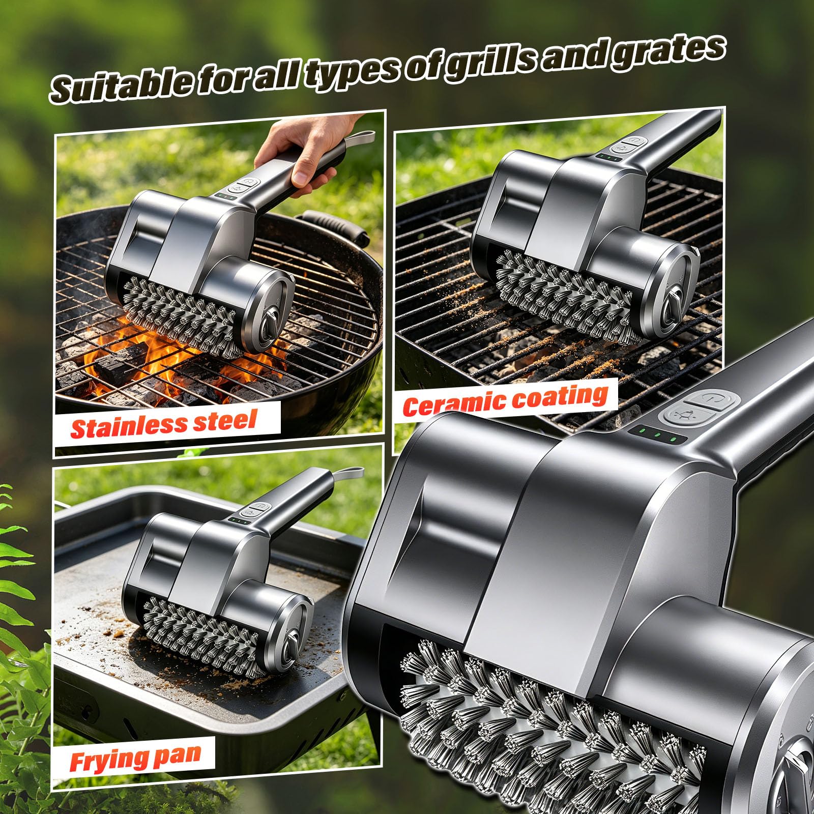 Limpiador De Parrilla Electrico,Electric Grill Brush,Modo De Limpieza De 2 Velocidades, Modo De Iluminación Led, Viene con 3 Cabezales De Cepillo De Diferentes Materiales, Adecuado para Parrillas
