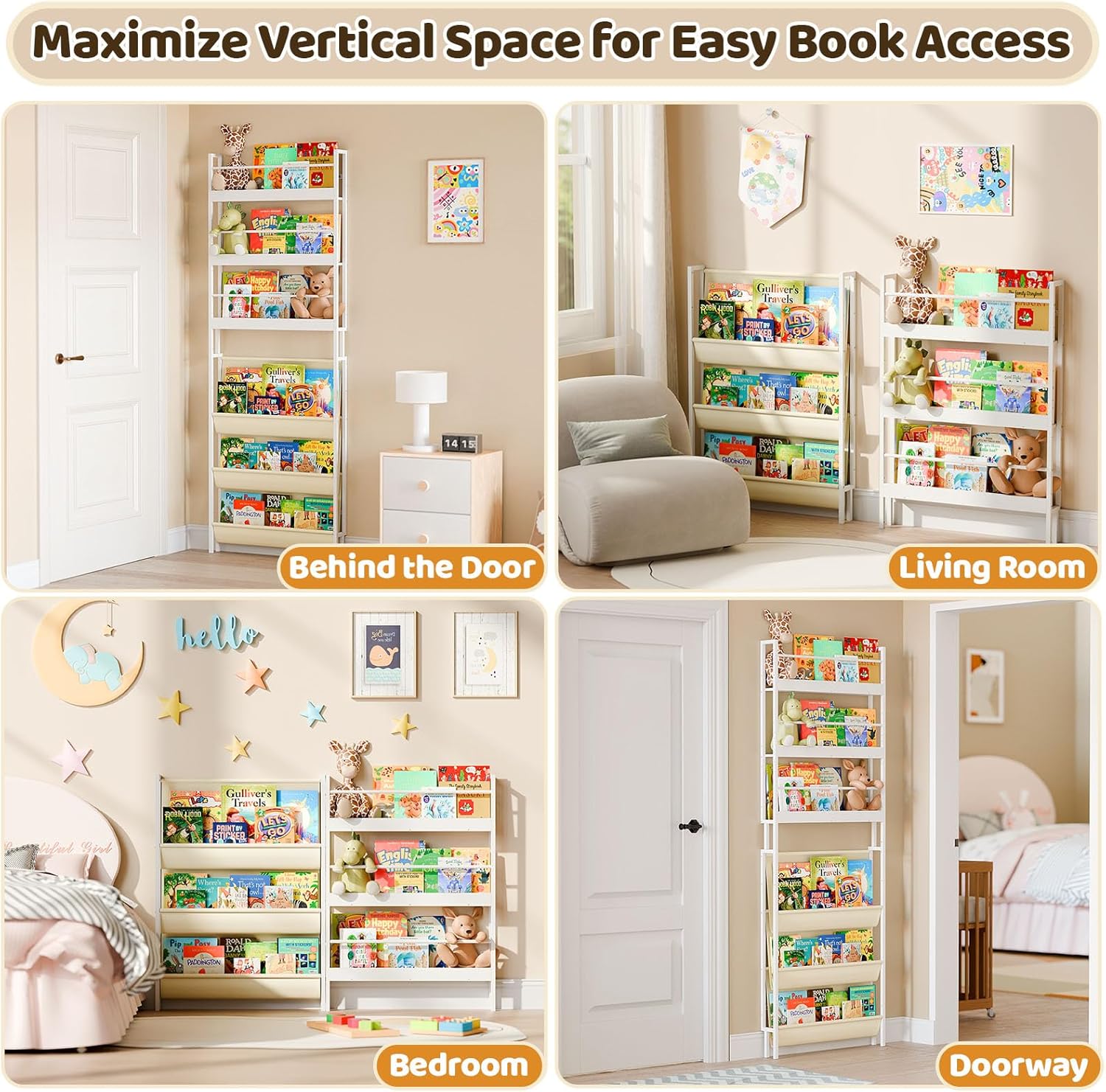 Kids Bookshelf - Wall Mounted 6-Tier Book Shelf for Kids Rooms, Behind The Door Bookshelf for Baby Toddler, Corner Wall Book Shelf for Bedroom/Nursery, Book Organizer for Toys and Books