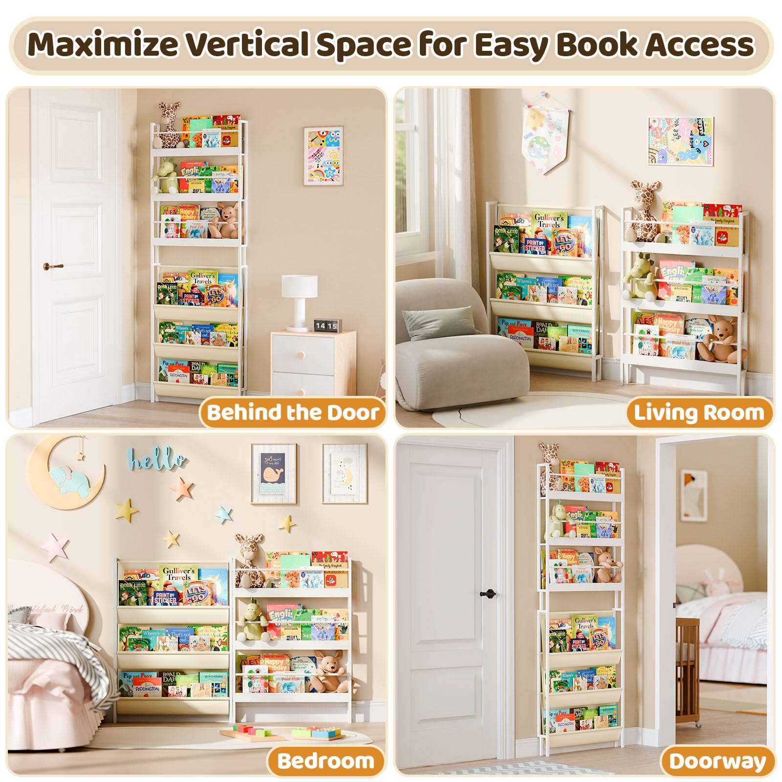 HAVLOTII Estantería para niños, estante de pared de 6 niveles para habitaciones de niños, estantería detrás de la puerta para bebés pequeños, estante de pared de esquina para dormitorio/guardería