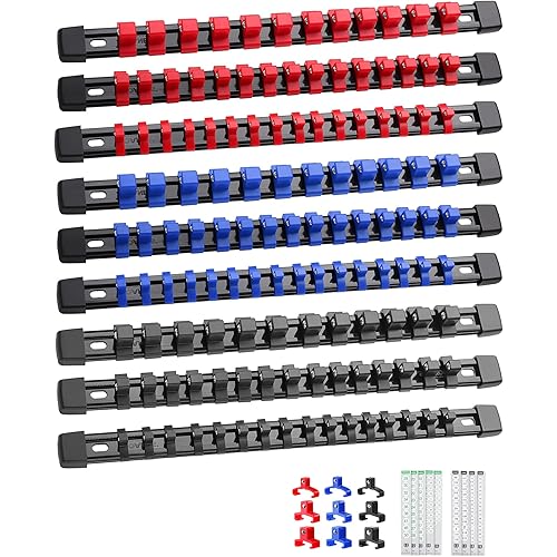 ALOANES 9PC ABS Socket Organizer, Socket Rails Fit 1/2 inch, 3/8 inch and 1/4 inch Drive, Heavy Duty Socket Holders Hold up to 129 Sockets, Black Rails with Red Blue Black Clips