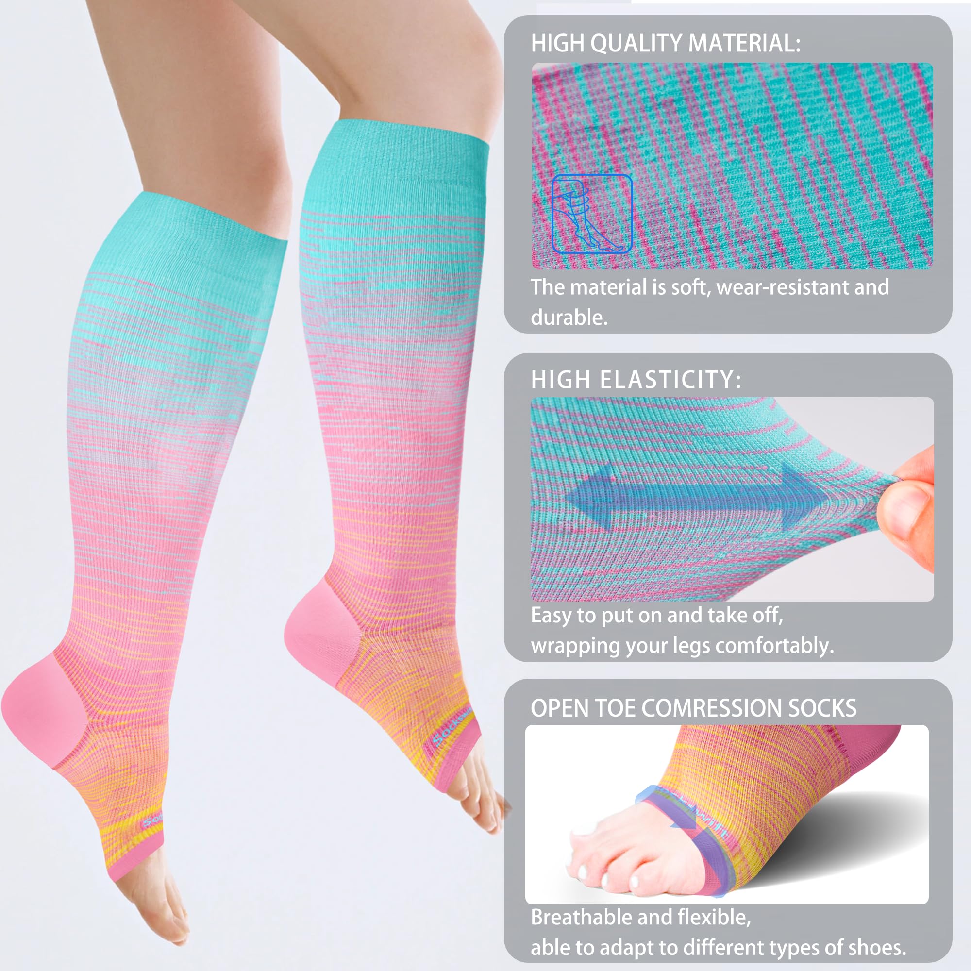 Sockswift Open Toe Compression Socks for Women&Men Toeless 20-30 mmHg Knee High Stockings for Nurses, Prenancy, Travel, Die Dye