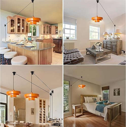 Miniatura 7 de Lámpara colgante enchufable, luces colgantes naranjas de mediados de siglo con cable enchufable, pantalla de metal de 3 capas, polea ajustable,