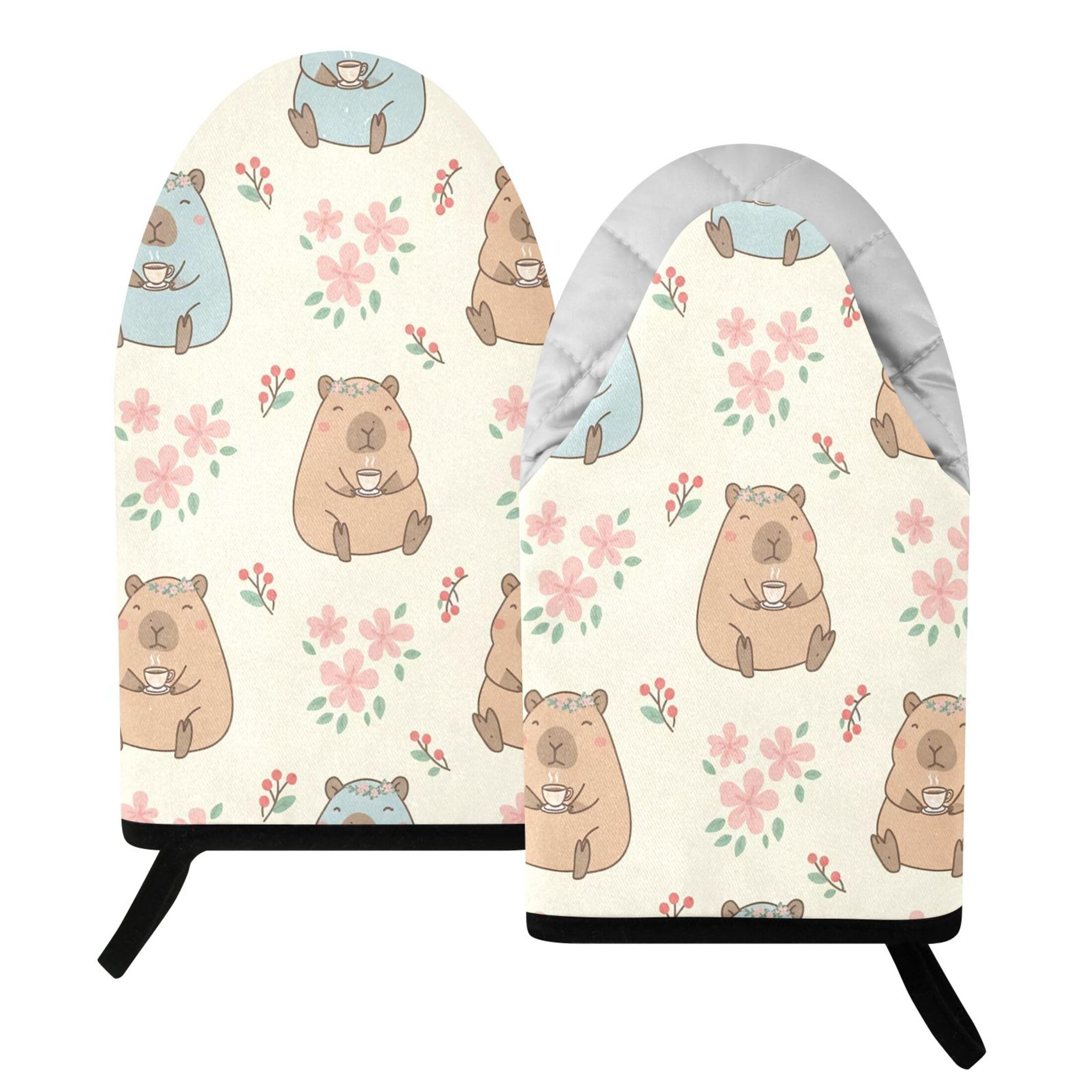 Kutsu Capybara Oven Mitts for Kitchen, Heat Resistant Cotton Oven Gloves for BBQ Baking Cooking, Breathable Kitchen Essentials, 2 pcs