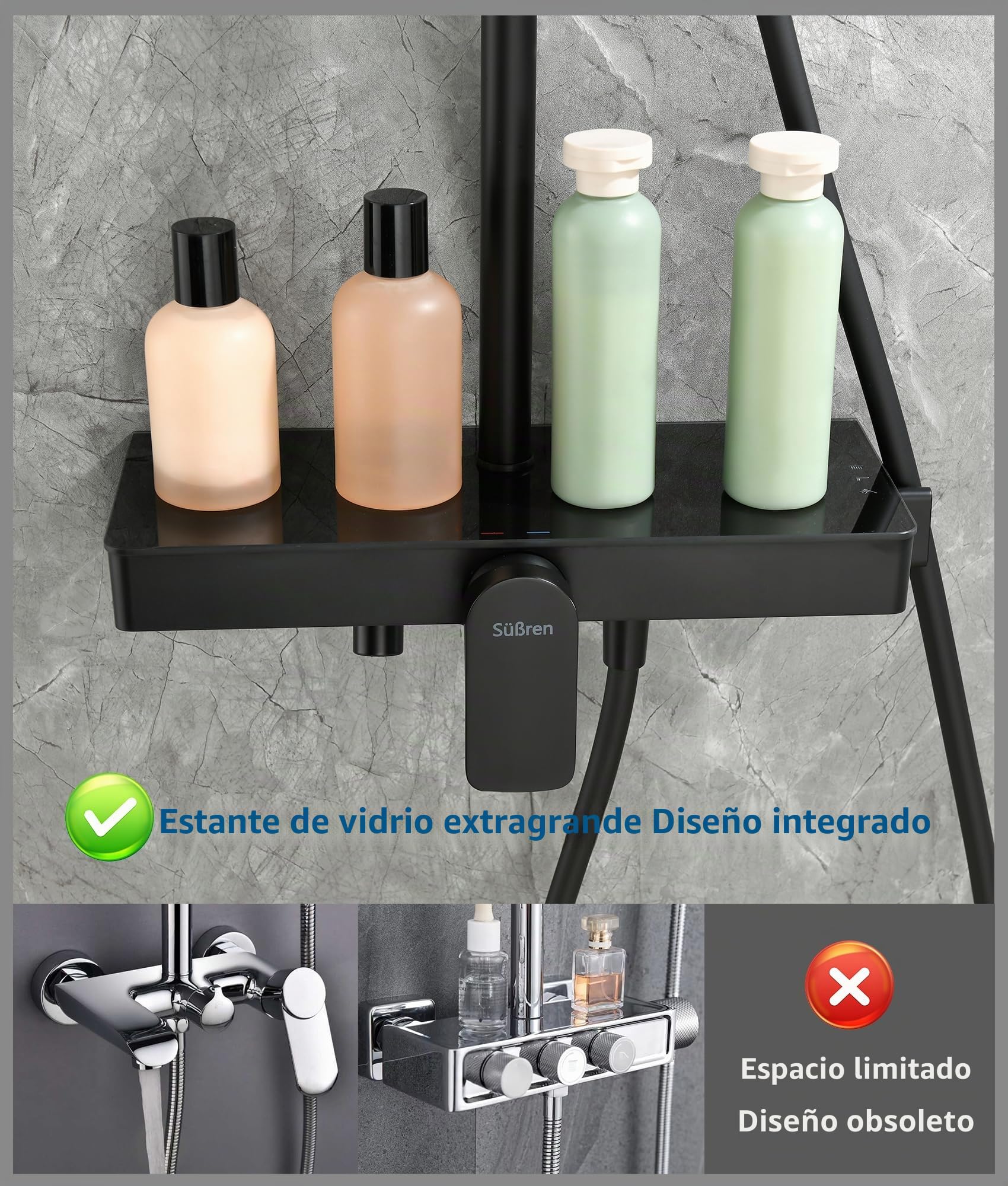 Columna Ducha Con Grifo Mezclador de Ducha Regulable En Altura Y Juego Completo de Accesorios,Cabezal de Ducha Giratorio 360°,Cabezal de Ducha de Mano, Estante de Cristal de 35×14 cm （Cromo）