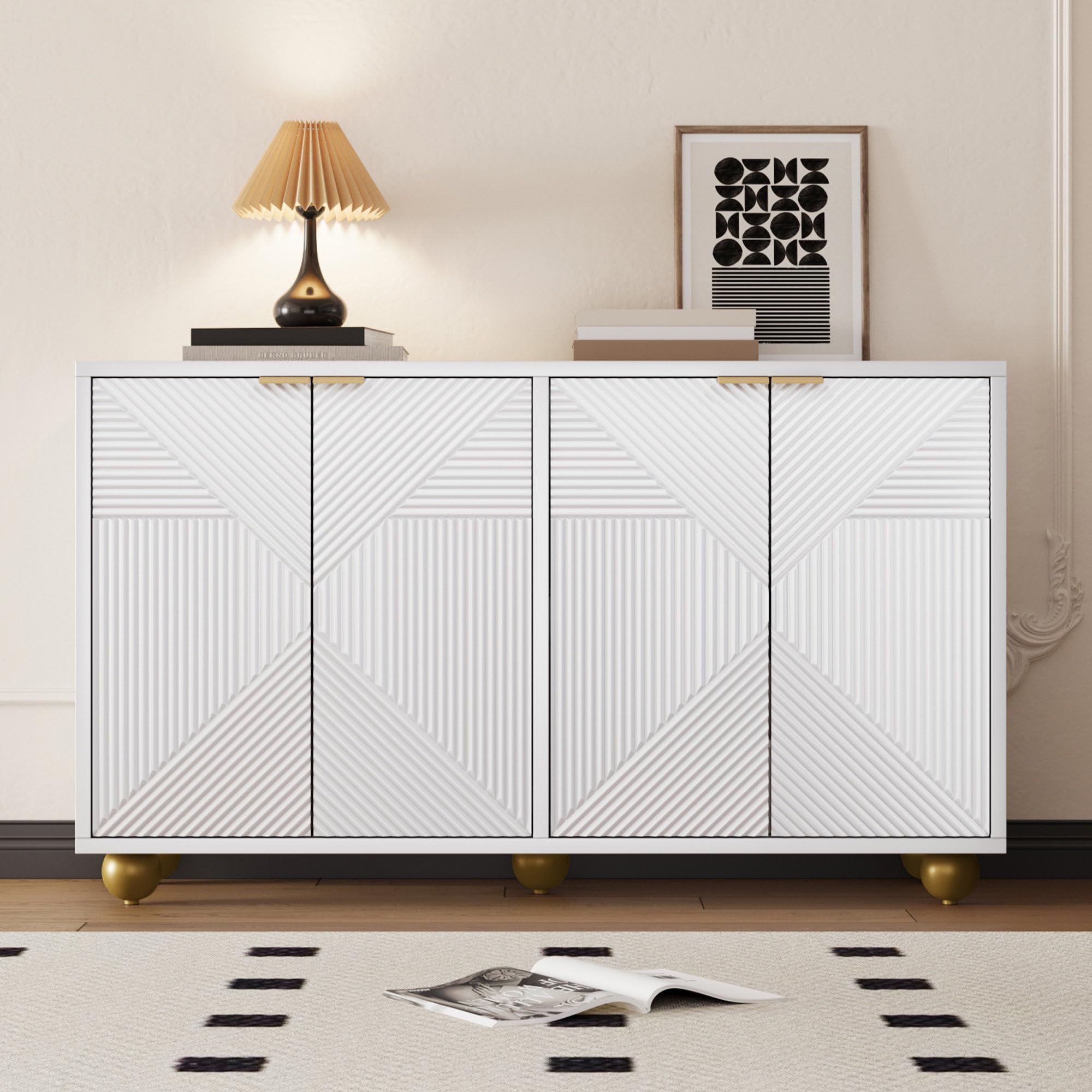 Credenza, Madia Soggiorno con 4 Ante dal Design Unico Scanalato, Ripiani Interni Regolabili, Maniglie in Metallo Dorato e Piedini Sferici, Mobile Cucina,Moderno Armadietto Multifunzionale,Nera/Bianco