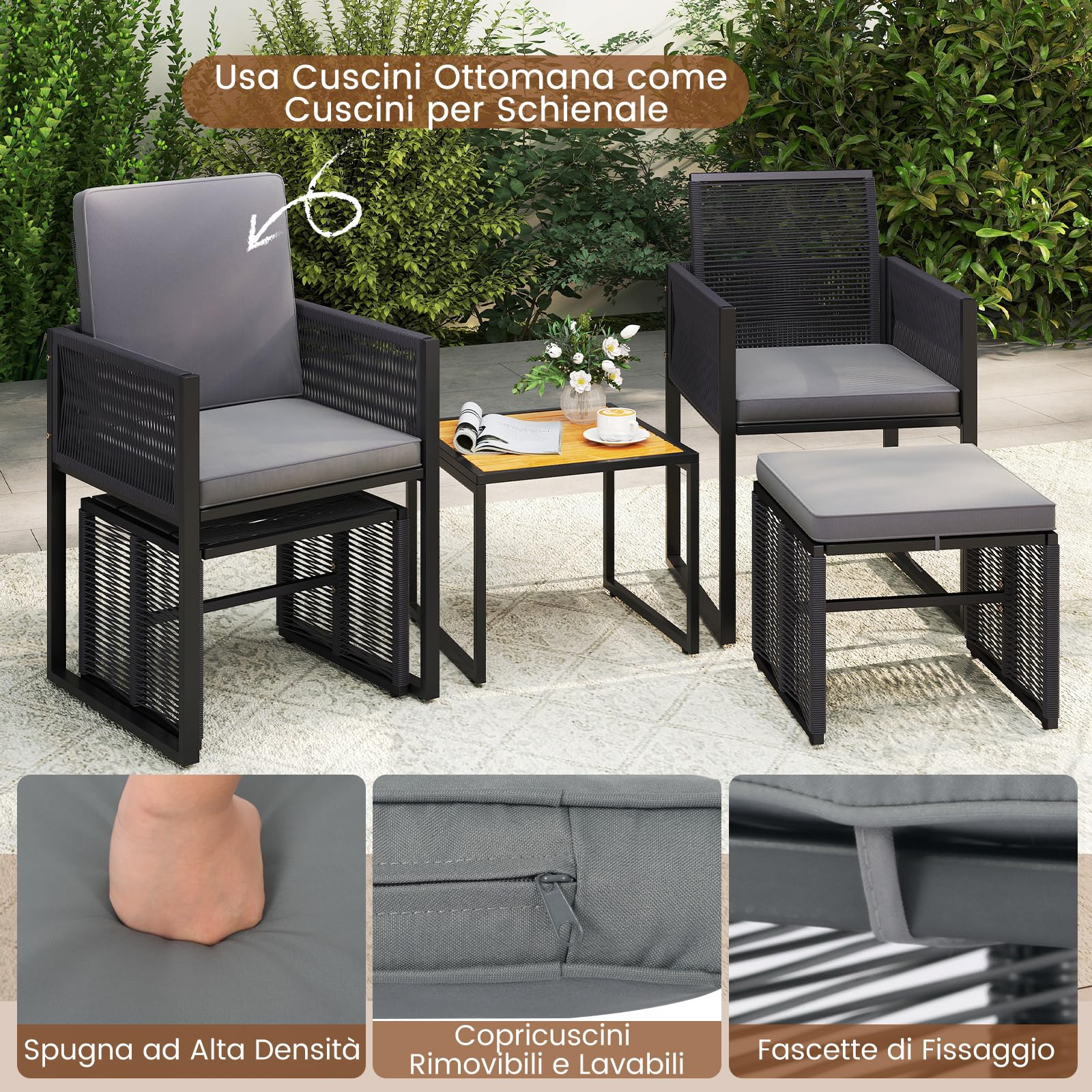 COSTWAY 5 Pezzi Set da Esterno in Rattan PE con Cuscini | Set Mobili da Giardino con Sedie Poggiapiedi e Tavolino da Caffè, Poltrone Lounge Salvaspazio per Balcone, Piscina e Cortile
