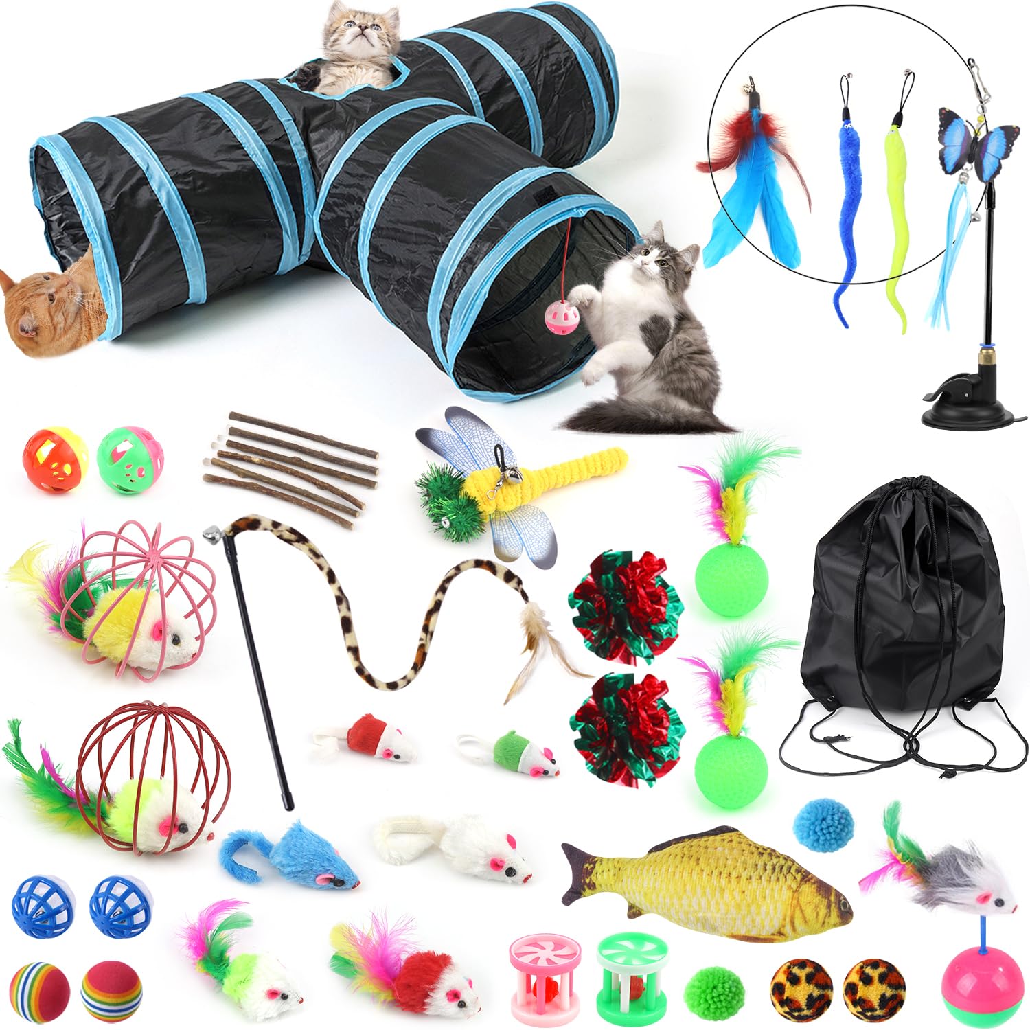Juguetes Tunel para Gatos Accesorios Interactivos Juguete Gato Juegos Tuneles para Gatos Interactivo 3 Vías Tunel Plegable para Conejos con Raton y Pelota Interactiva y Plumas Caña para Gato (39 Pzs)
