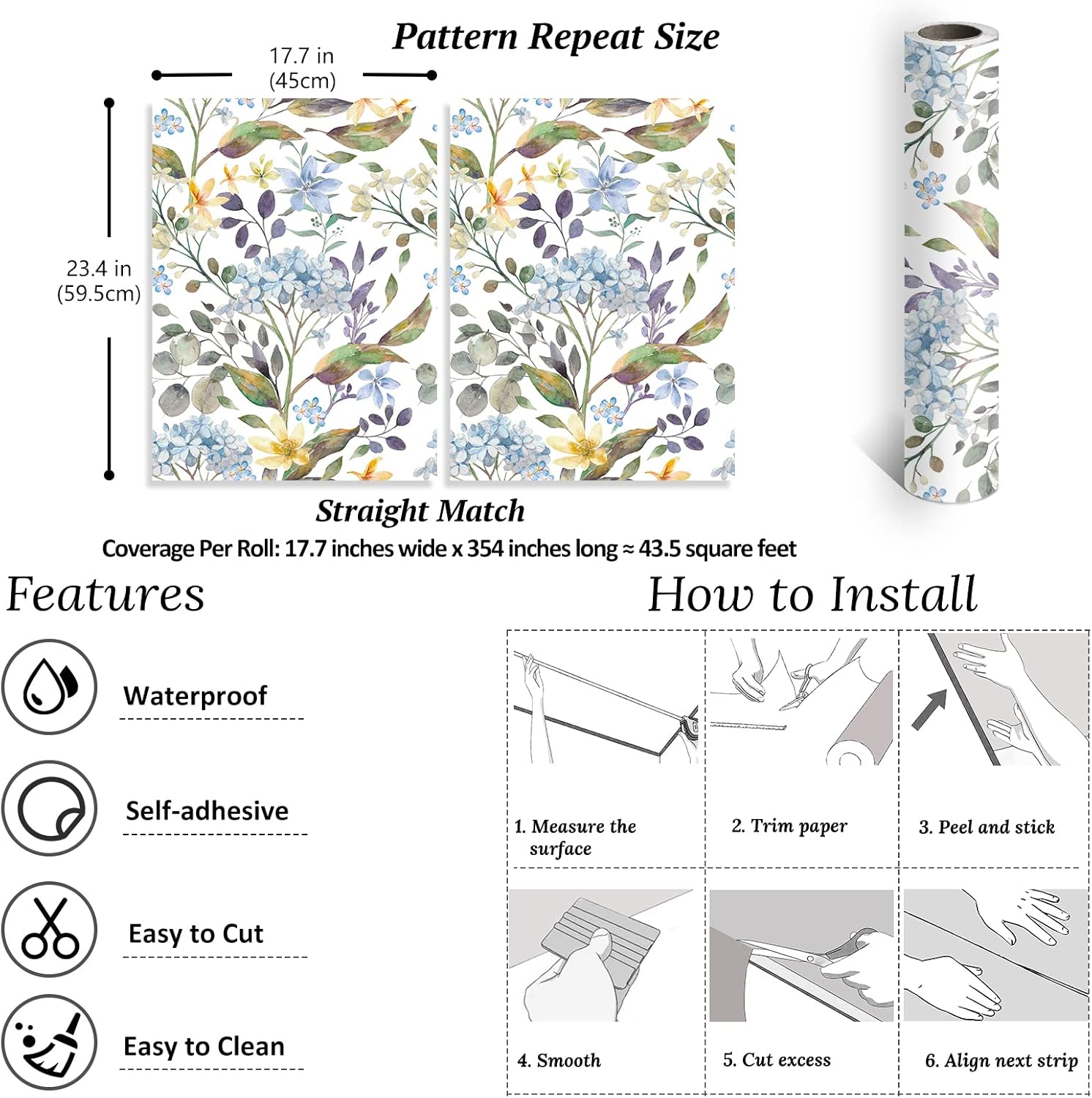 VEELIKE Hydrangea Floral Wallpaper 17.7''x354'' Eucalyptus Leaf Peel and Stick Wallpaper for Bathroom Bedroom Blue Botanical Wall Paper Prepasted Removable Floral Contact Paper for Cabinets Shelves
