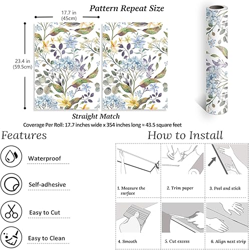 Miniatura 9 de VEELIKE Papel tapiz de flores de hortensias azules de 17.7 x 118 pulgadas, para despegar y pegar, papel tapiz floral de hojas de eucalipto para