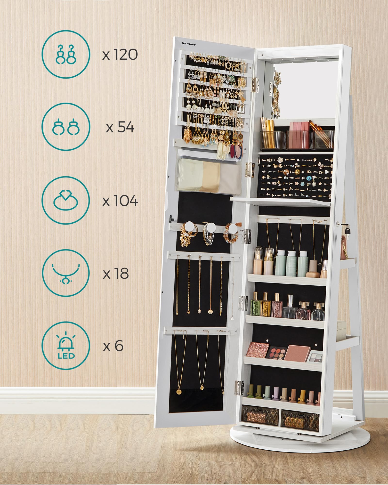SONGMICS Schmuckschrank, Spiegelschrank, mit rahmenlosem Ganzkörperspiegel, 3 Ablagen, 360° drehbar, abschließbar, Oberfläche in Weiß, Innenfutter in Schwarz JJC007W01