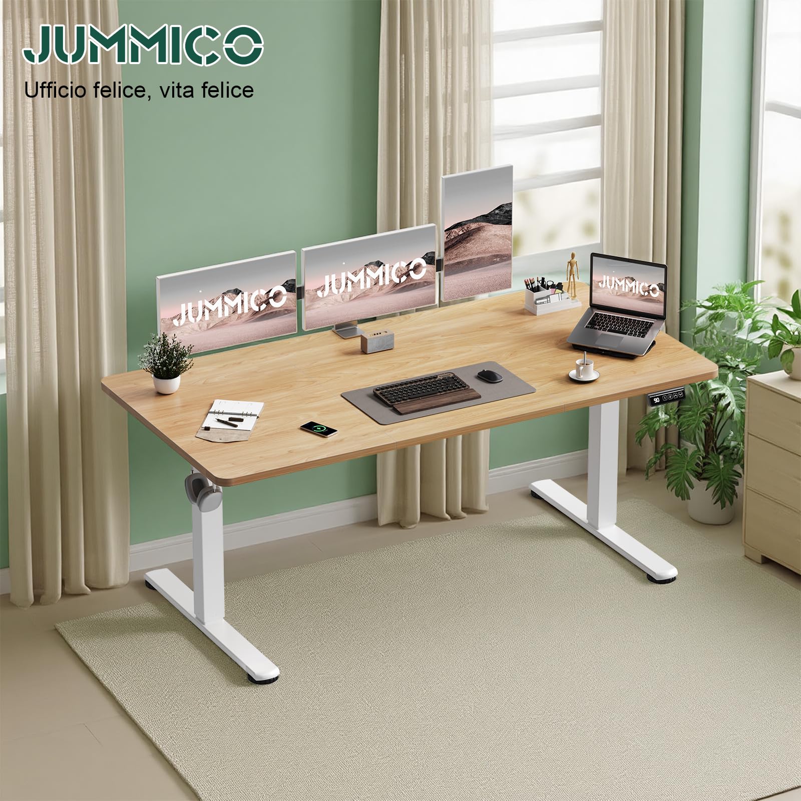 JUMMICO Scrivania regolabile in altezza 100×60 cm, telecomando a 4 tasti con funzione memoria, dotata di gancio, adatta per ufficio, studio e gaming, Beige