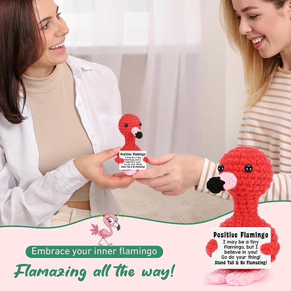 Positive Flamingo Gifts for Women Teen Girls, Birthday Gifts for Friend Coworker Her, Back to School Gift for Students, Christmas Stocking Stuffers Positive Crochet Animals Handmade Crochet Flamingo