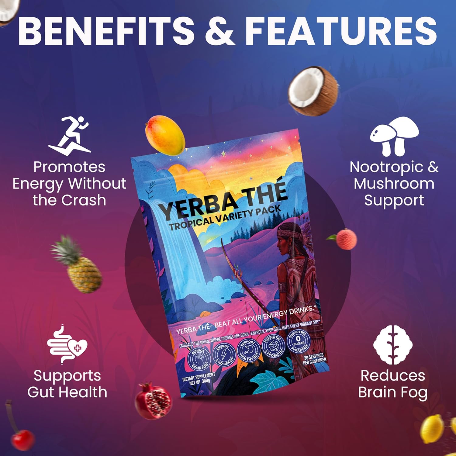 Yerba Mate Powder - Gut Health Support Drink - Probiotics & Prebiotics - Reduce Brain Fog, Relaxation & Focus - Natural Yerba Mate Clean Energy - Mixed Fruit Flavors - Sugar-Free - 30 Sachets - Image 4