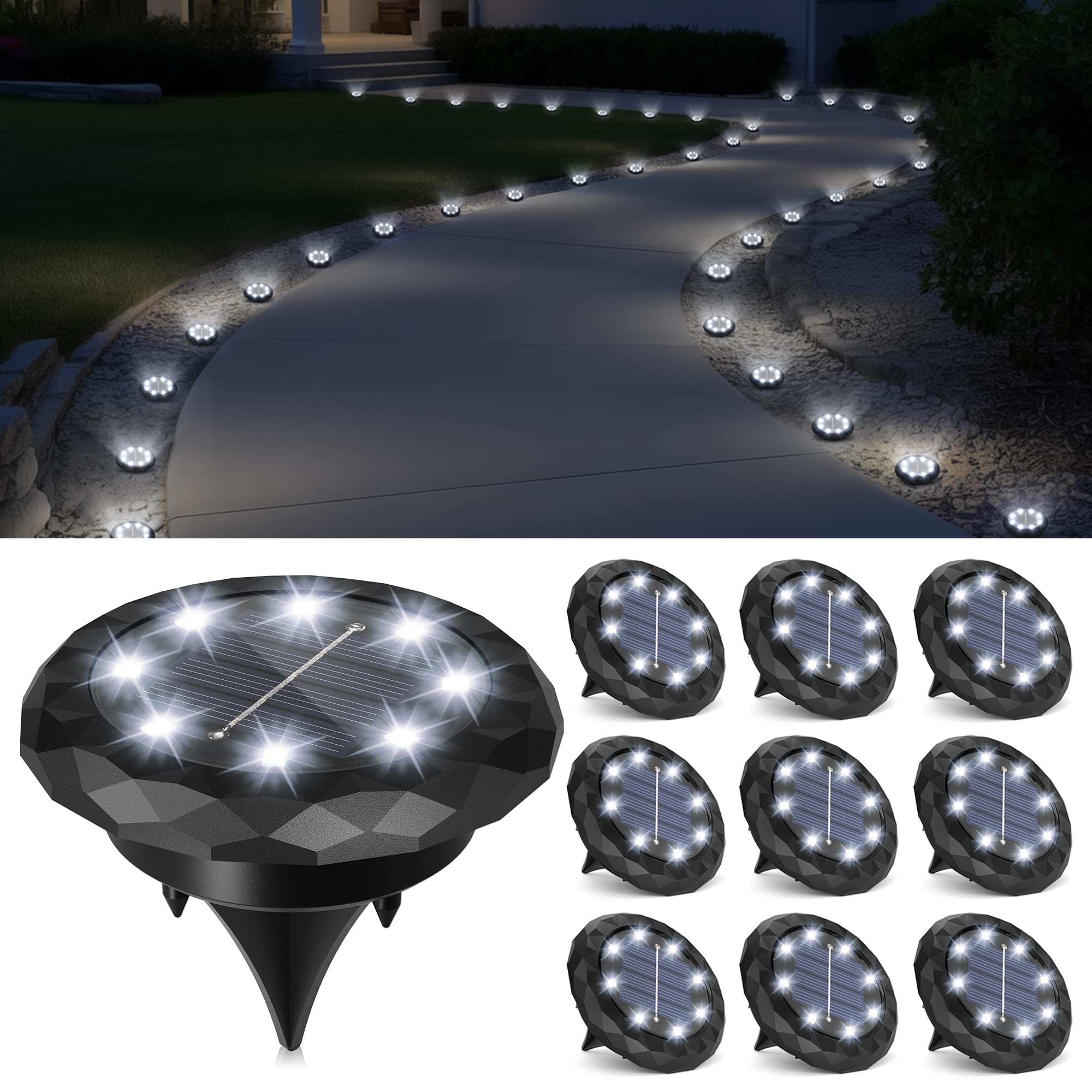 Solpex 10 Pack Solar Lights Outdoor Garden, 8 LEDs Solar Powered Ground Lights, IP65 Waterproof Garden Light for Yard, Patio, Pathway (Cold White)