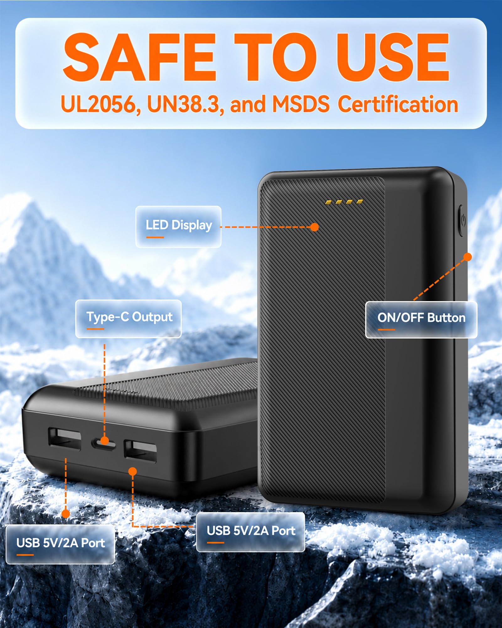 Batterie externe USB 5 V 20 000 mAh pour gilet chauffant (noir, USB 5 V 20 000 mAh), batterie rechargeable, gilets, manteaux