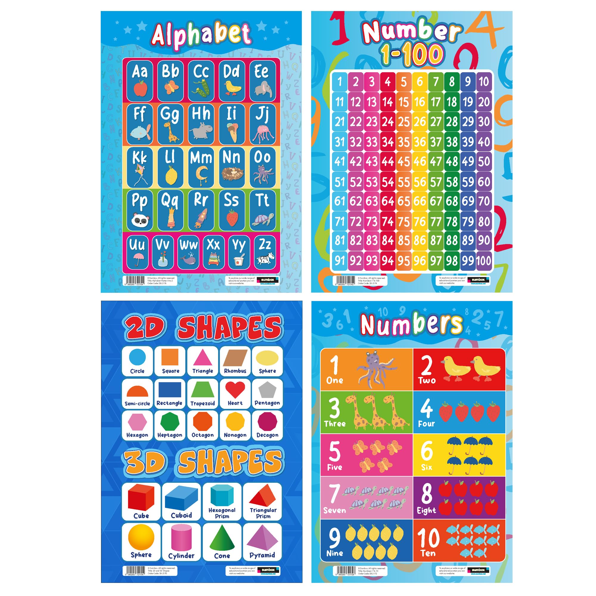 Sumbox Multicoloured Educational Preschool Posters For Nursery Classroom, Pack Of 4 Homeschool Preschool A3 Poster Bundle, Teach Numbers Alphabet Shapes, Kids Learning Posters For Children