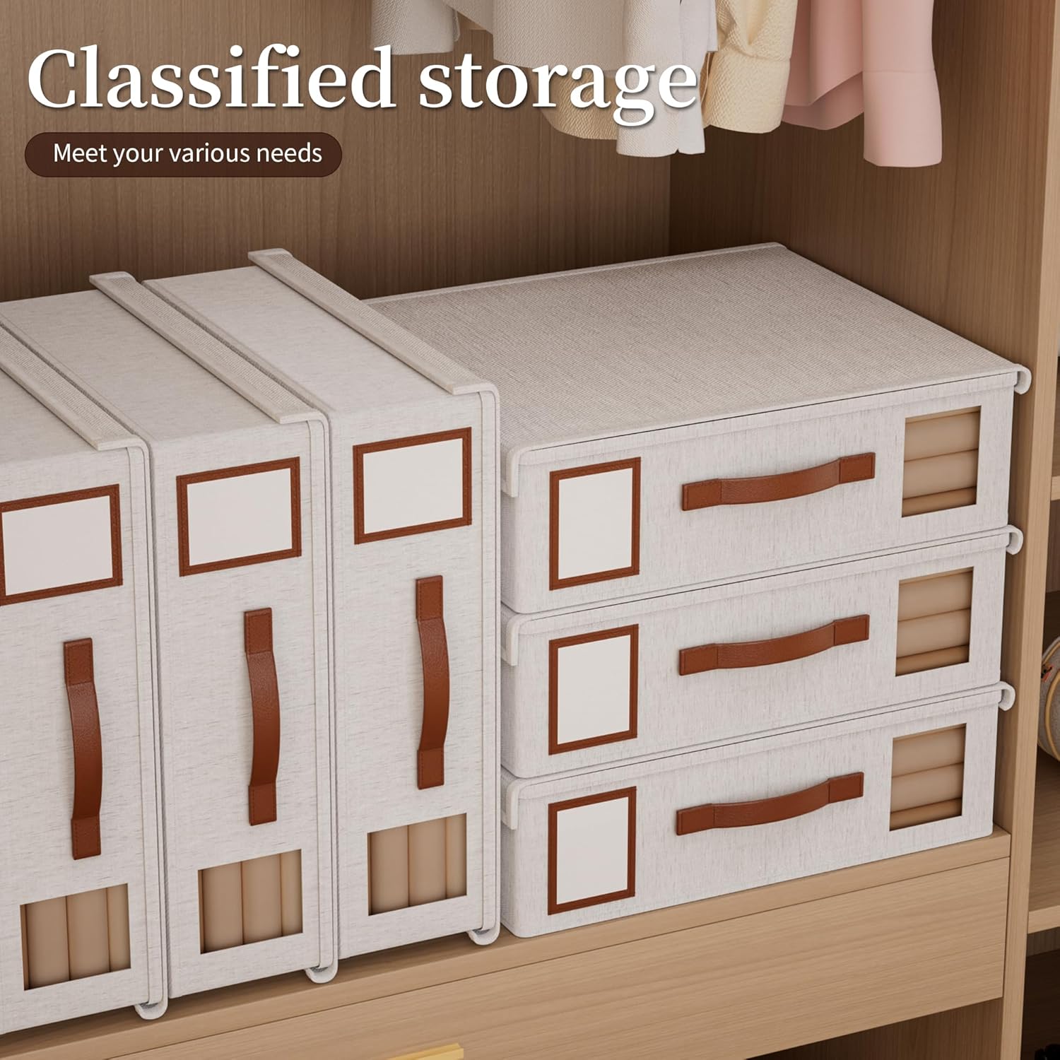 6pcs Tianshan Cotton and Linen Sheet Organizer, foldable PU handle, with transparent window and label slot, stackable for organizing bedding containers (single and double beds).